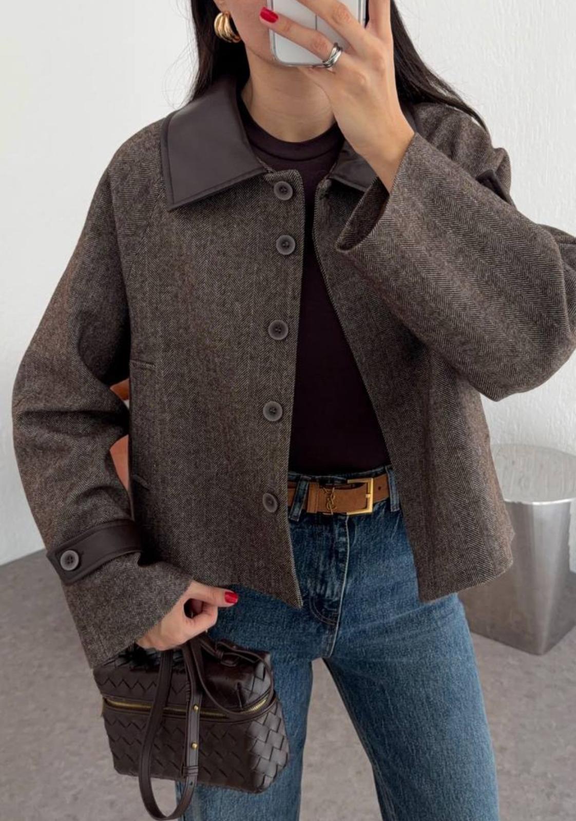 Deri Garnili Balıksırtı Ceket