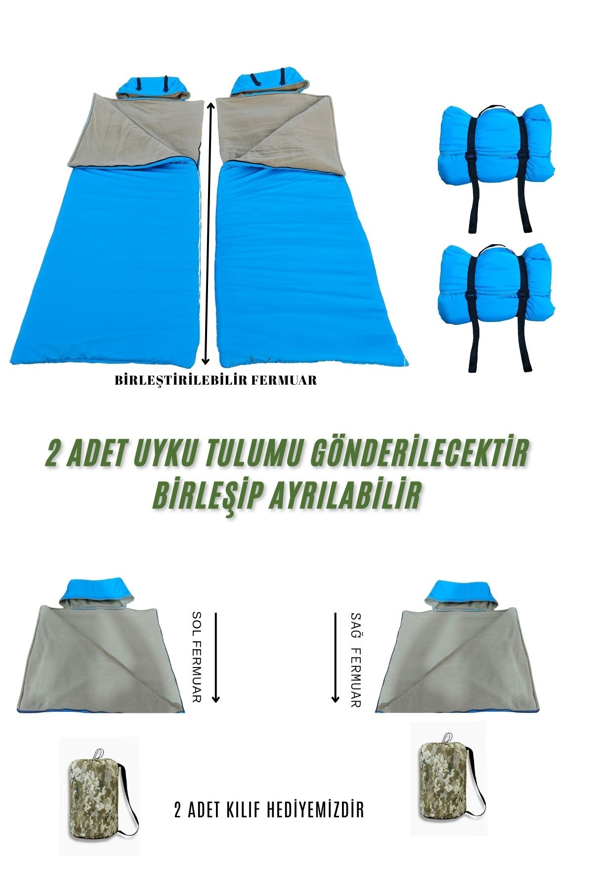 Turkuaz Çift Kişilik 2'li Birleşip Ayrılabilir Takım Uyku Tulumu (-25) Mikro Su Itici Kamp (2.15×1.50) 