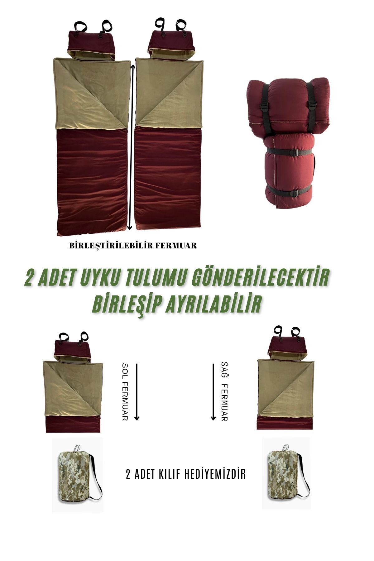 Bordo Çift Kişilik 2'li Birleşip Ayrılabilir Takım Uyku Tulumu (-25) Mikro Su Itici Kamp (2.15×1.50)