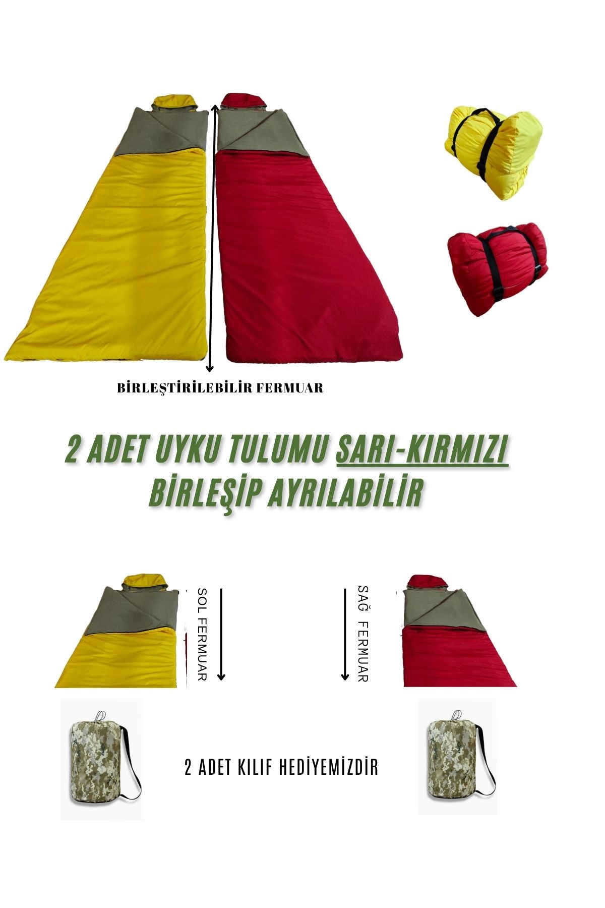 Sarı/Kırmızı Çift Kişilik 2'li Birleşip Ayrılabilir Takım Uyku Tulumu (-25) Mikro Su Itici Kamp (2.15×1.50)