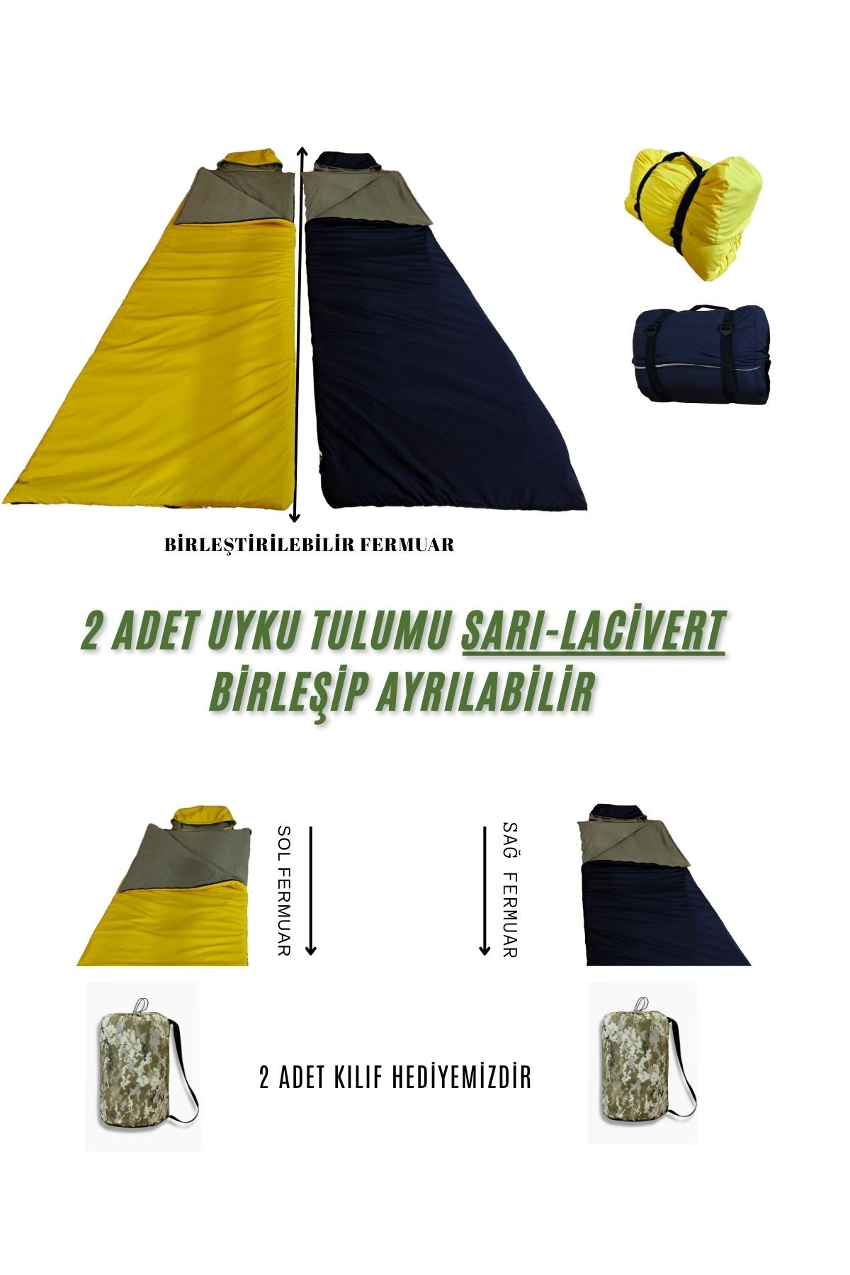 Sarı/Lacivert Çift Kişilik 2'li Birleşip Ayrılabilir Takım Uyku Tulumu (-25) Mikro Su Itici Kamp (2.15×1.50)