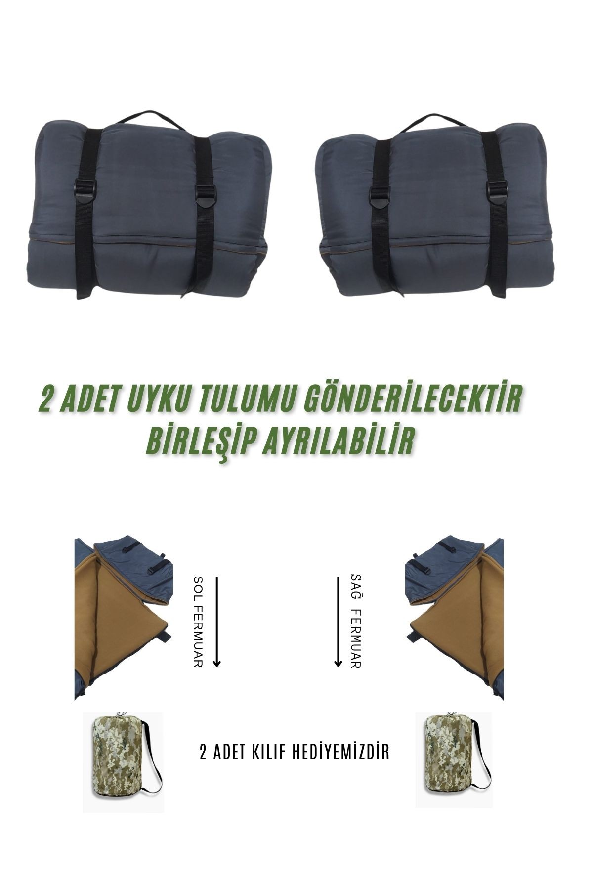 Gri Çift Kişilik 2'li Birleşip Ayrılabilir Takım Uyku Tulumu (-25) Mikro Su Itici Kamp (2.15×1.50)