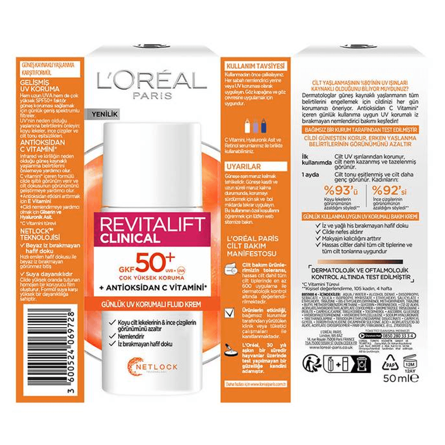 Loreal Paris Revitalift Clinical SPF 50+ Günlük Yüksek UV Korumalı Yüz Güneş Kremi 50ml