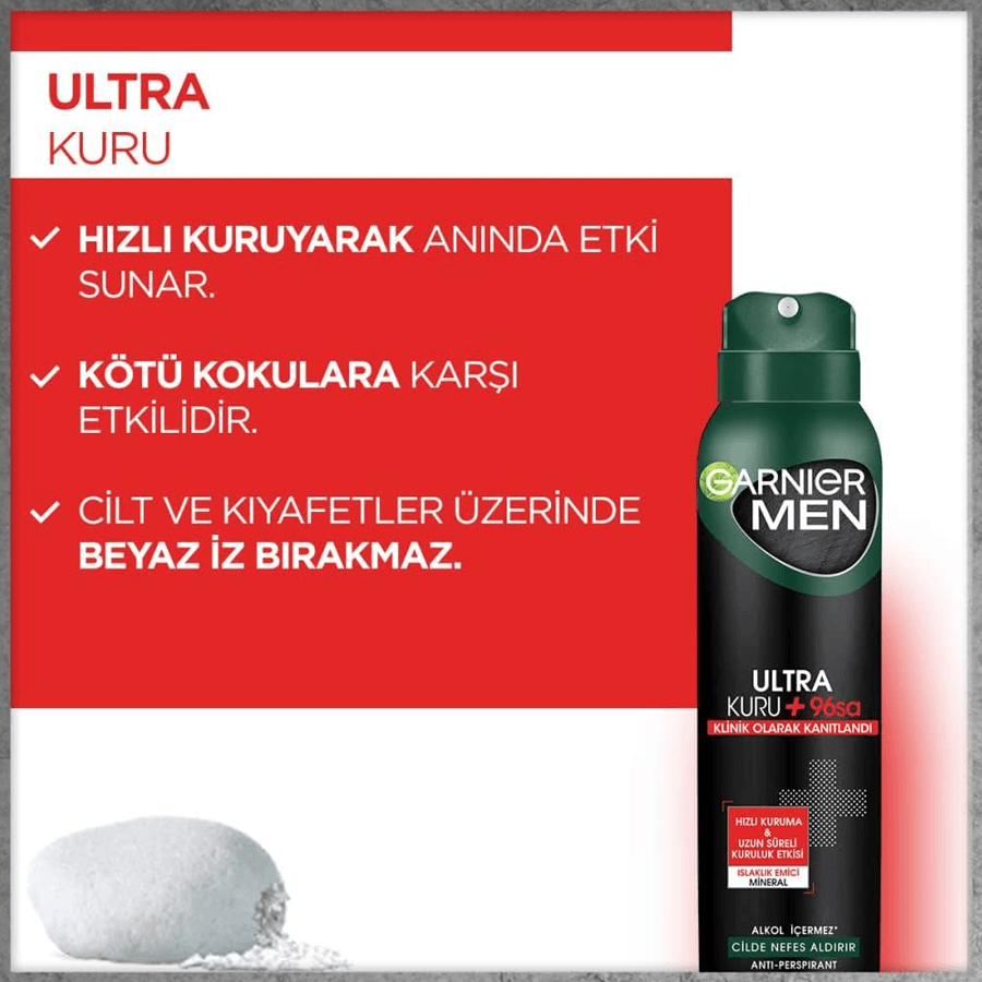 Garnier Men Ultra Kuru Deodorant Sprey 150ml-Islaklık Emici