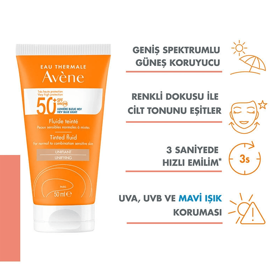 Avene Solaire SPF 50+ Tinted Fluid 50ml-Renkli Güneş Kremi 50ml