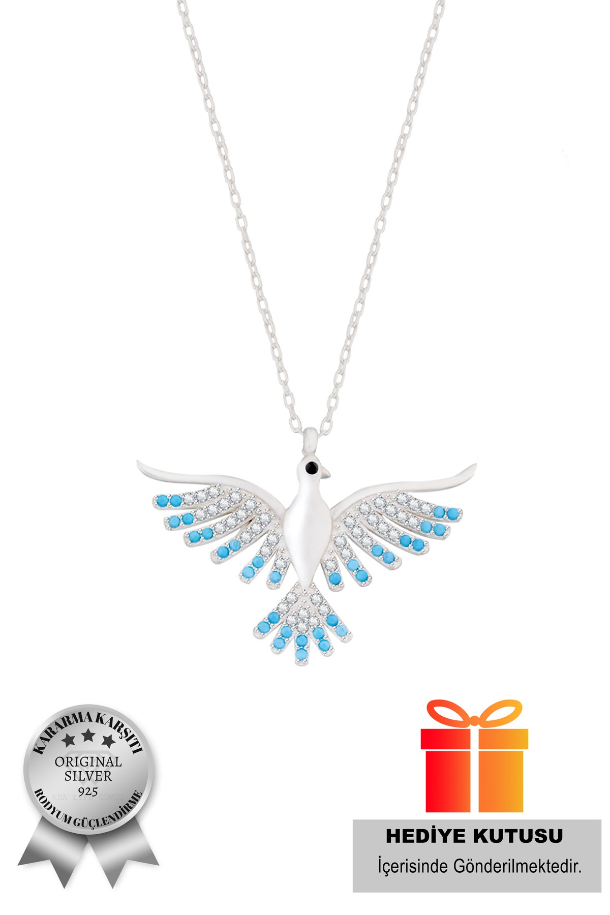 925 Ayar Zümrüdü Anka Kuşu Gümüş Kadın Kolye(ÖZEL KUTULU) - Rodyum Mavi Taşlı