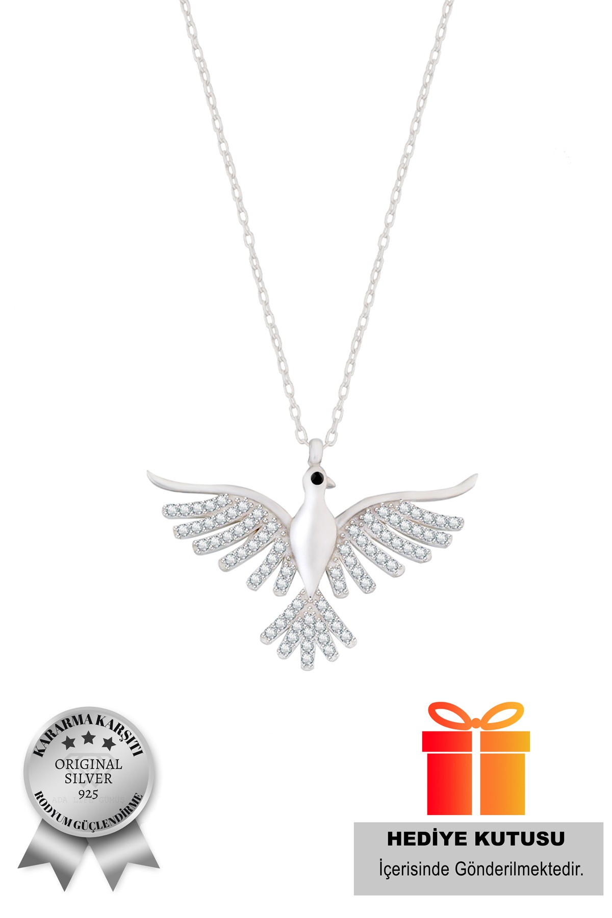 925 Ayar Zümrüdü Anka Kuşu Gümüş Kadın Kolye(ÖZEL KUTULU) - Rodyum-Beyaz Taşlı