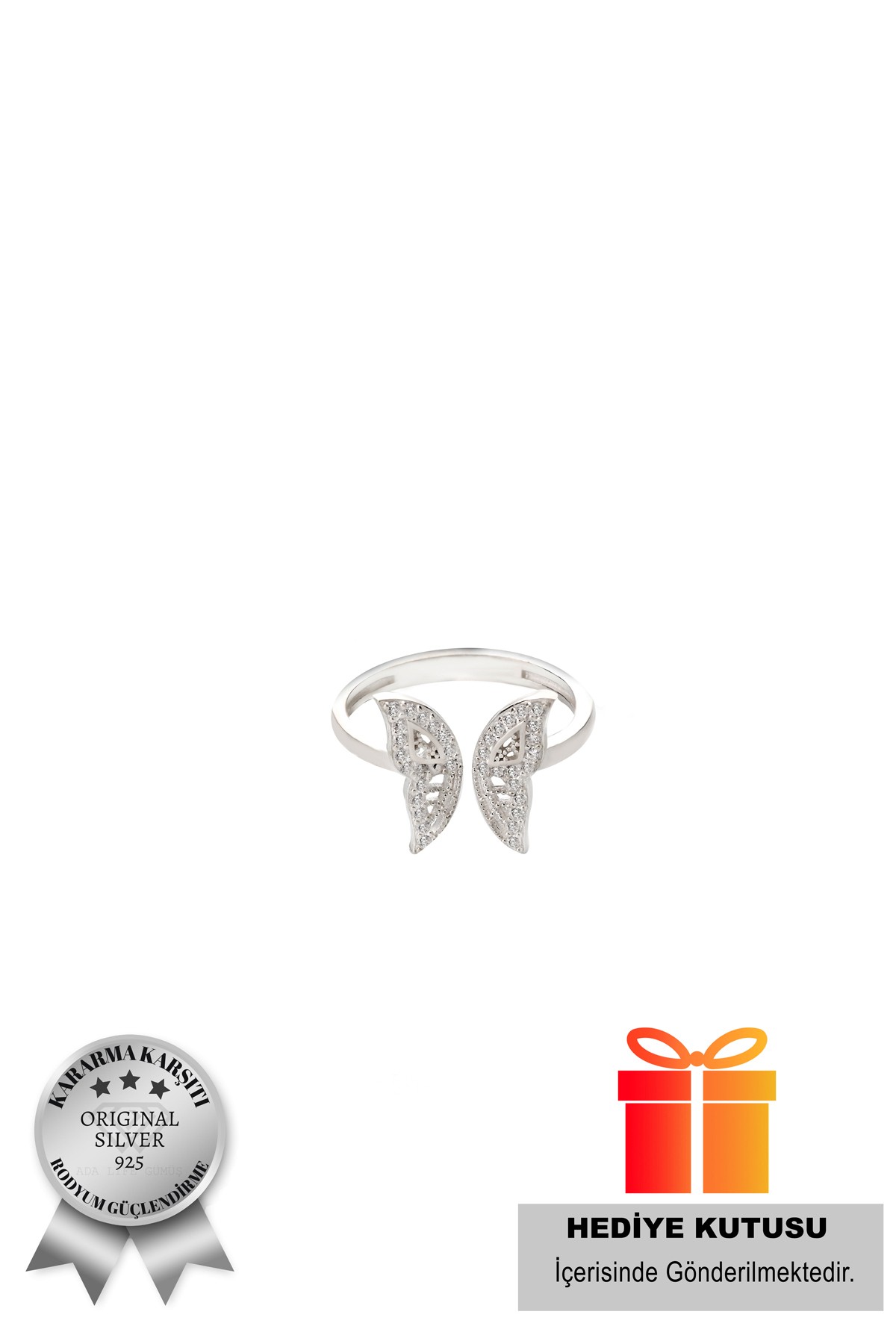 925 Ayar Gümüş Zirkon Taşlı Kelebek Model Yüzük(Özel Kutulu) - Rodyum