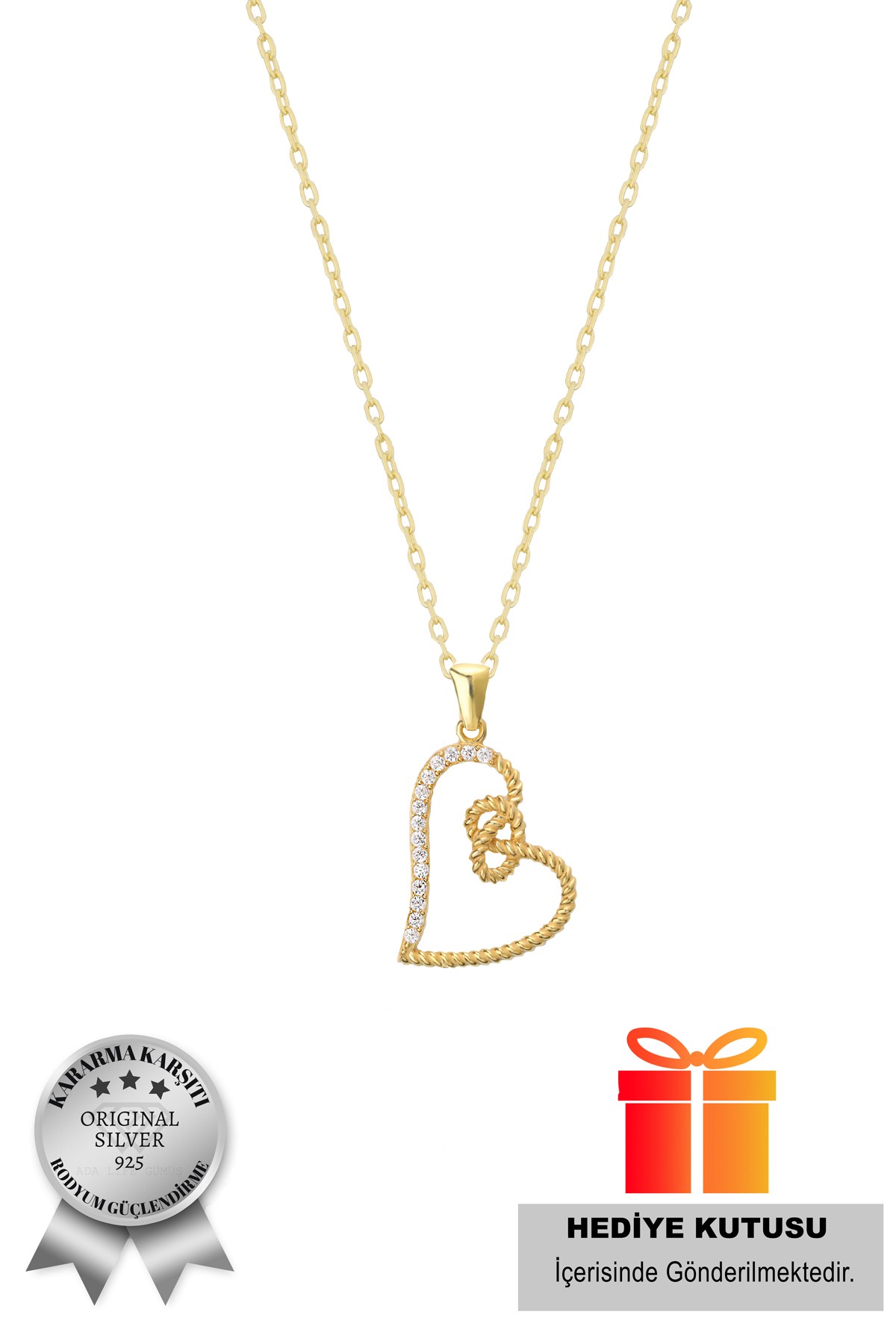 925 Ayar Gümüş Zirkon Taşlı Kalp Model Kolye(ÖZEL KUTULU) - Gold