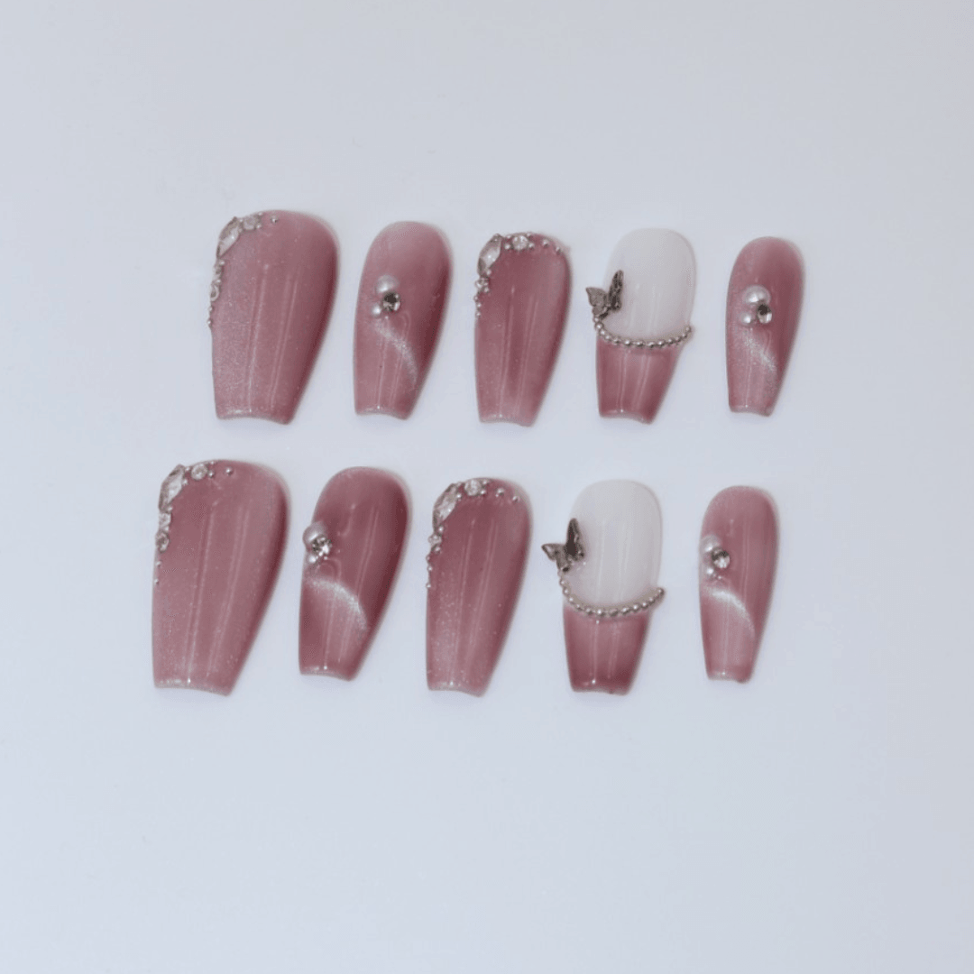 Z009 Pembe Kedi Gözü Kelebek Taşlı Takma Tırnak
