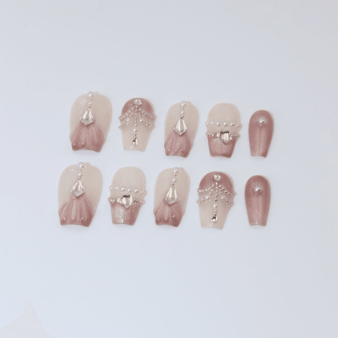 C13 Pembe Kedi Gözü İncili Taşlı Takma Tırnak