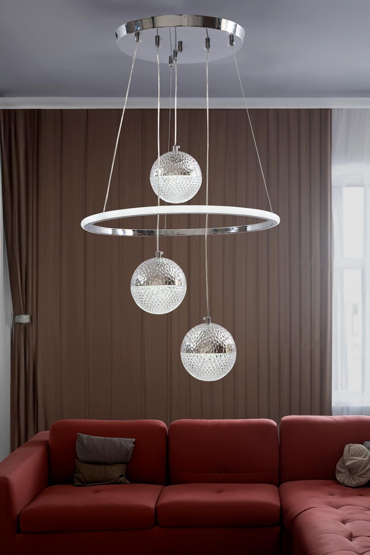 Lampiqa Arianna Krom 3 Renk Ledli Lüks Modern Sarkık 3'LÜ Ledli Avize