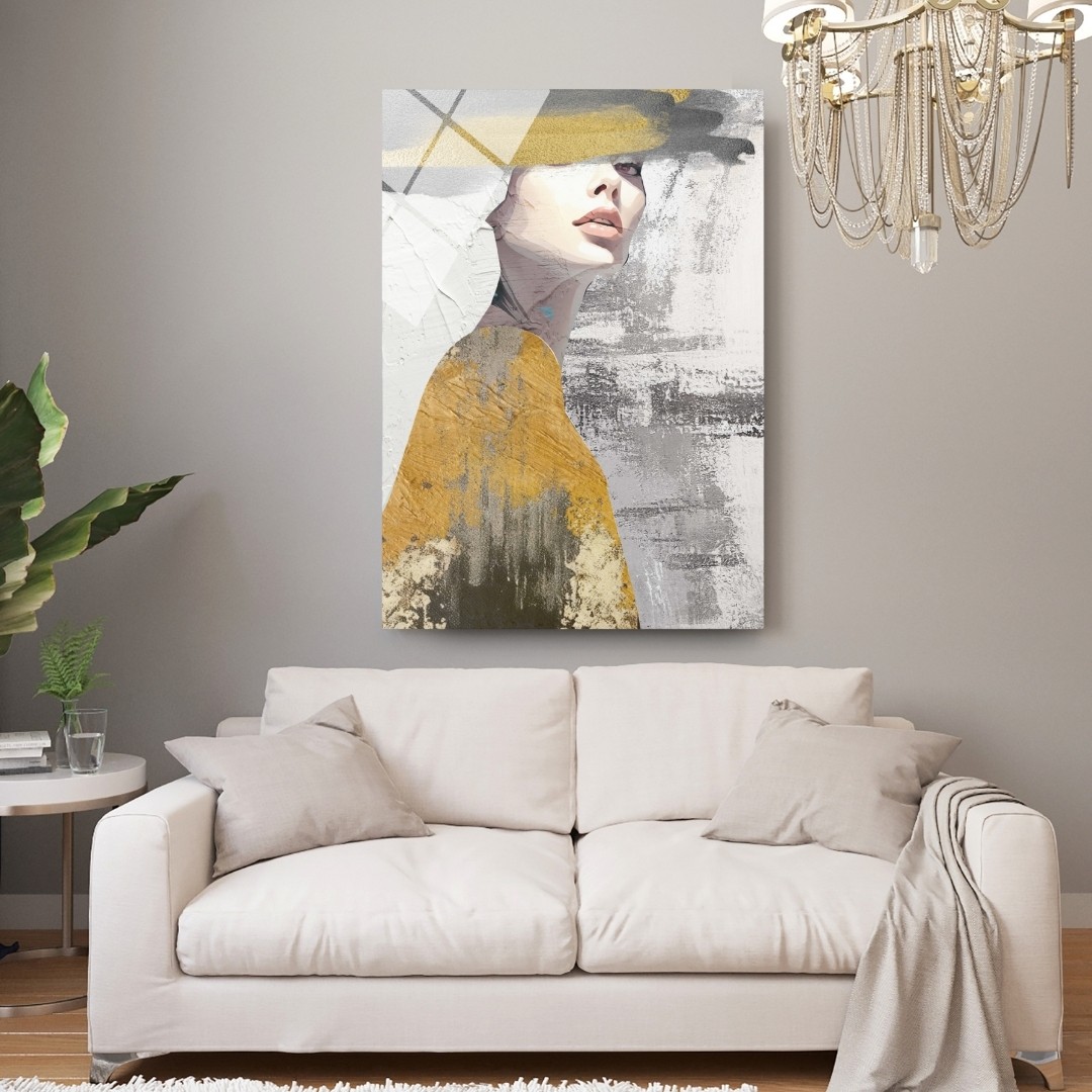 Modern Kadın Portresi Cam Tablo – Sarı ve Gri Soyut Sanat Dekoru