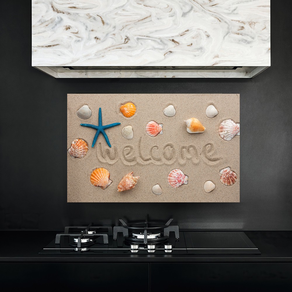 Welcome Yazılı Deniz Kabuğu Desenli Ocak Arkası Cam Panel
