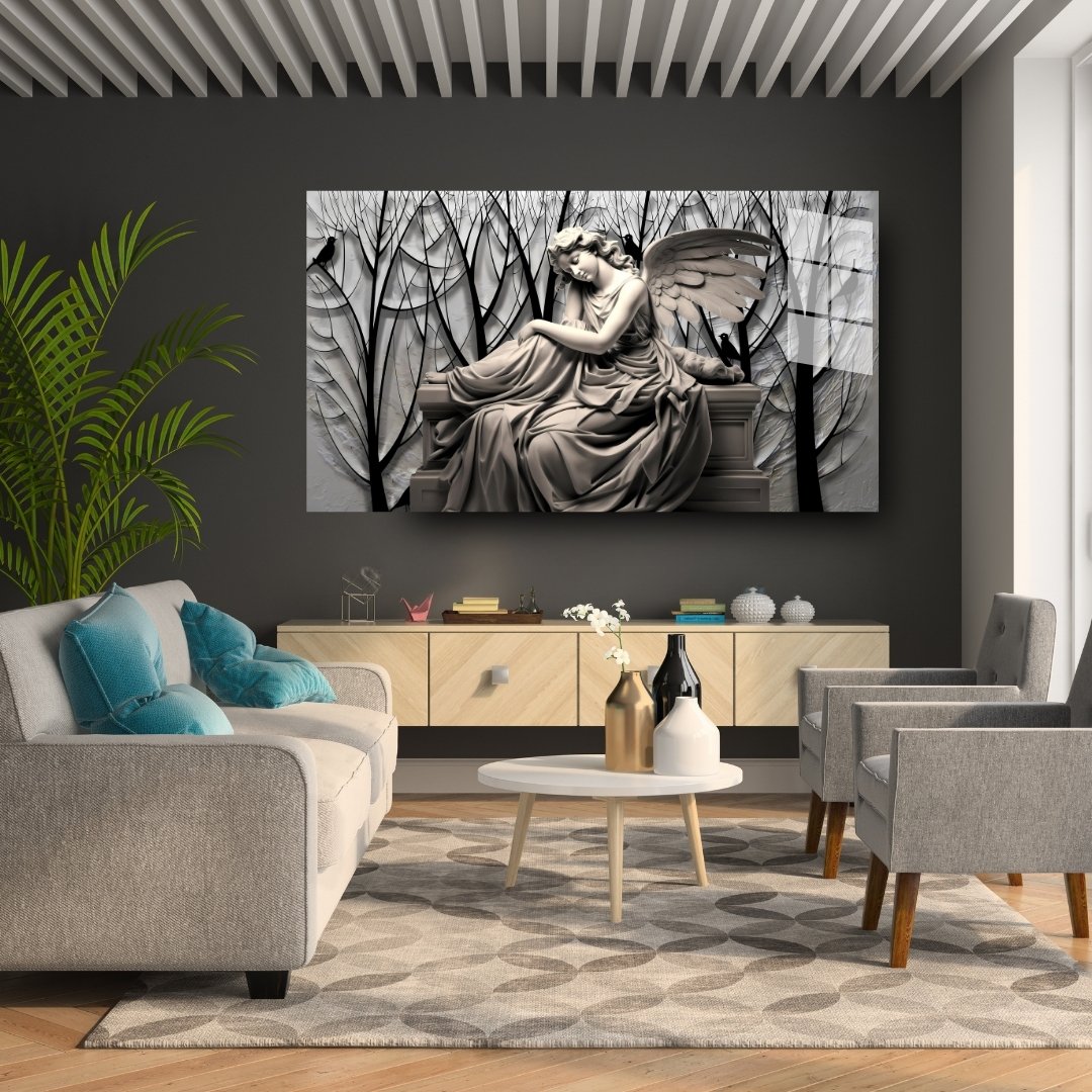 Melek Heykeli ve Siyah Beyaz Orman Temalı Modern Cam Tablo
