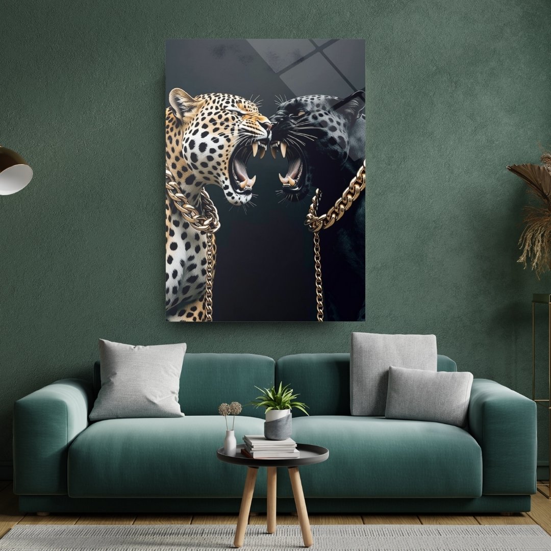 Altın Zincirli Leopar ve Siyah Panter Modern Cam Tablo