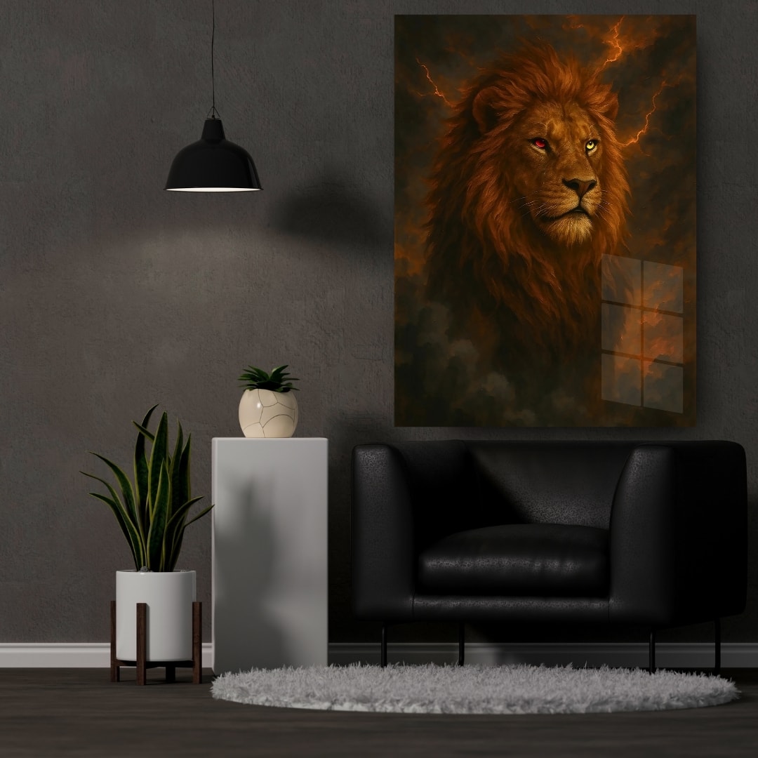 Sarı Kırmızı Gözlü Aslan Cam Tablo
