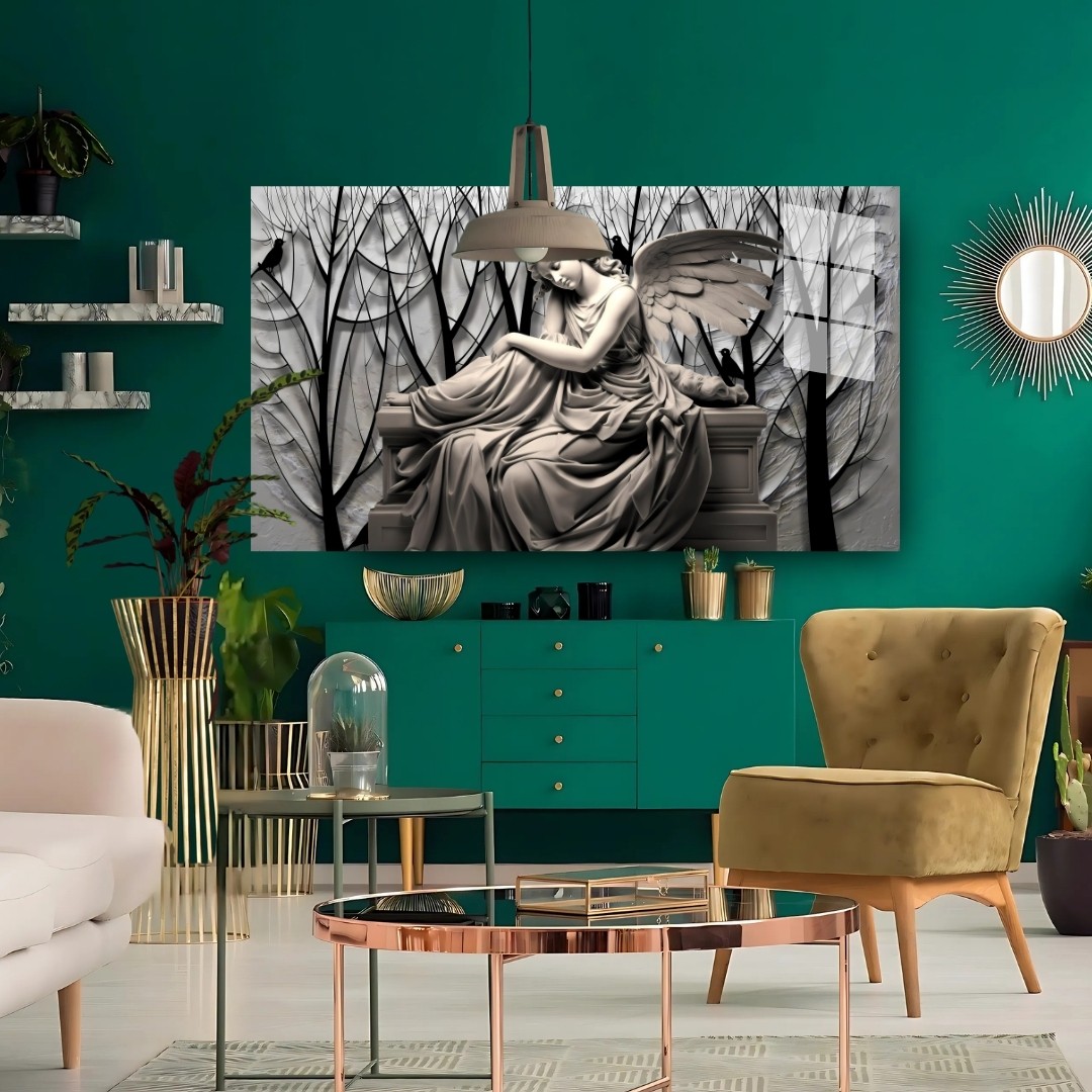 Melek Heykeli ve Siyah Beyaz Orman Temalı Modern Cam Tablo
