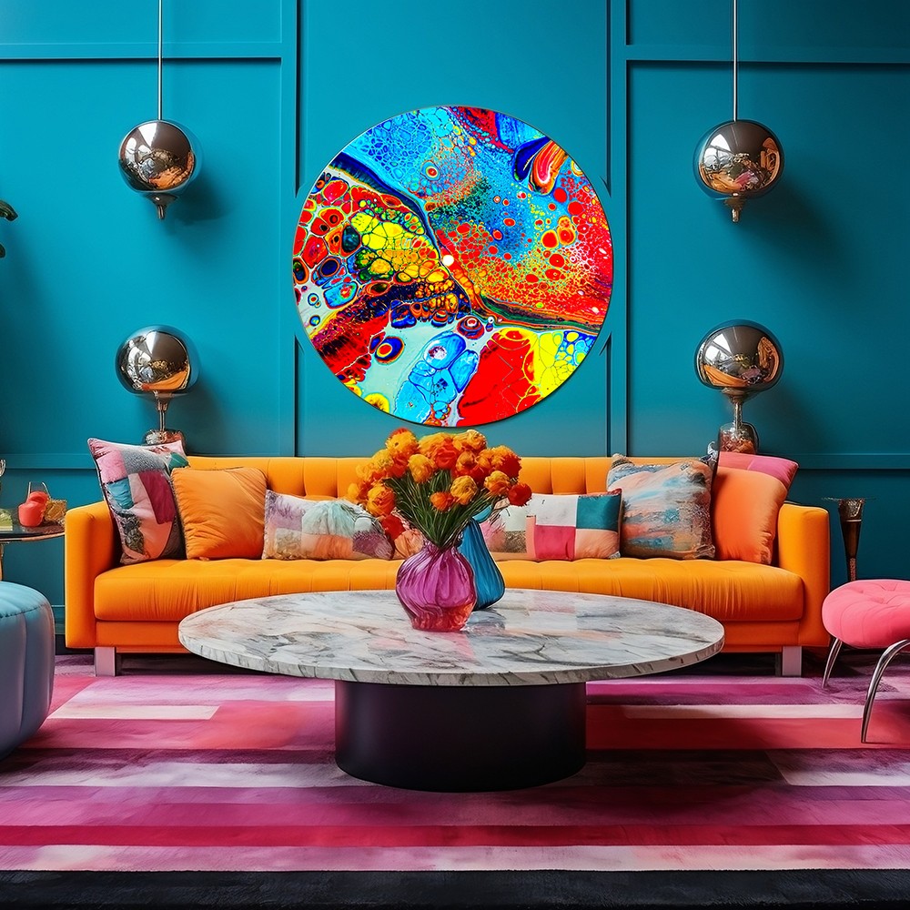 Renkli Abstrakt Sanat Cam Tablo – Dairesel Modern Duvar Dekoru