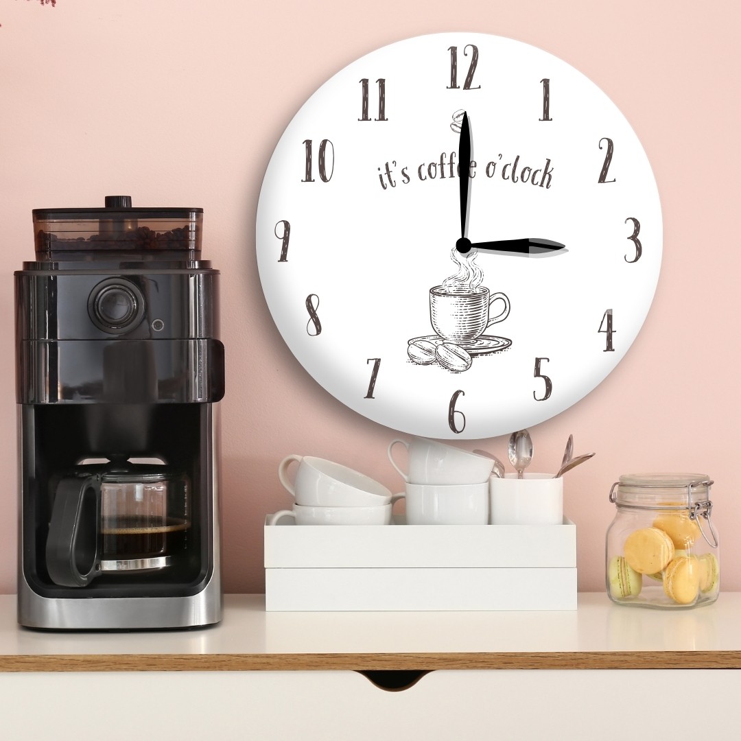 It’s Coffee O’Clock Duvar Saati - Kahve Temalı Cam Duvar Saati