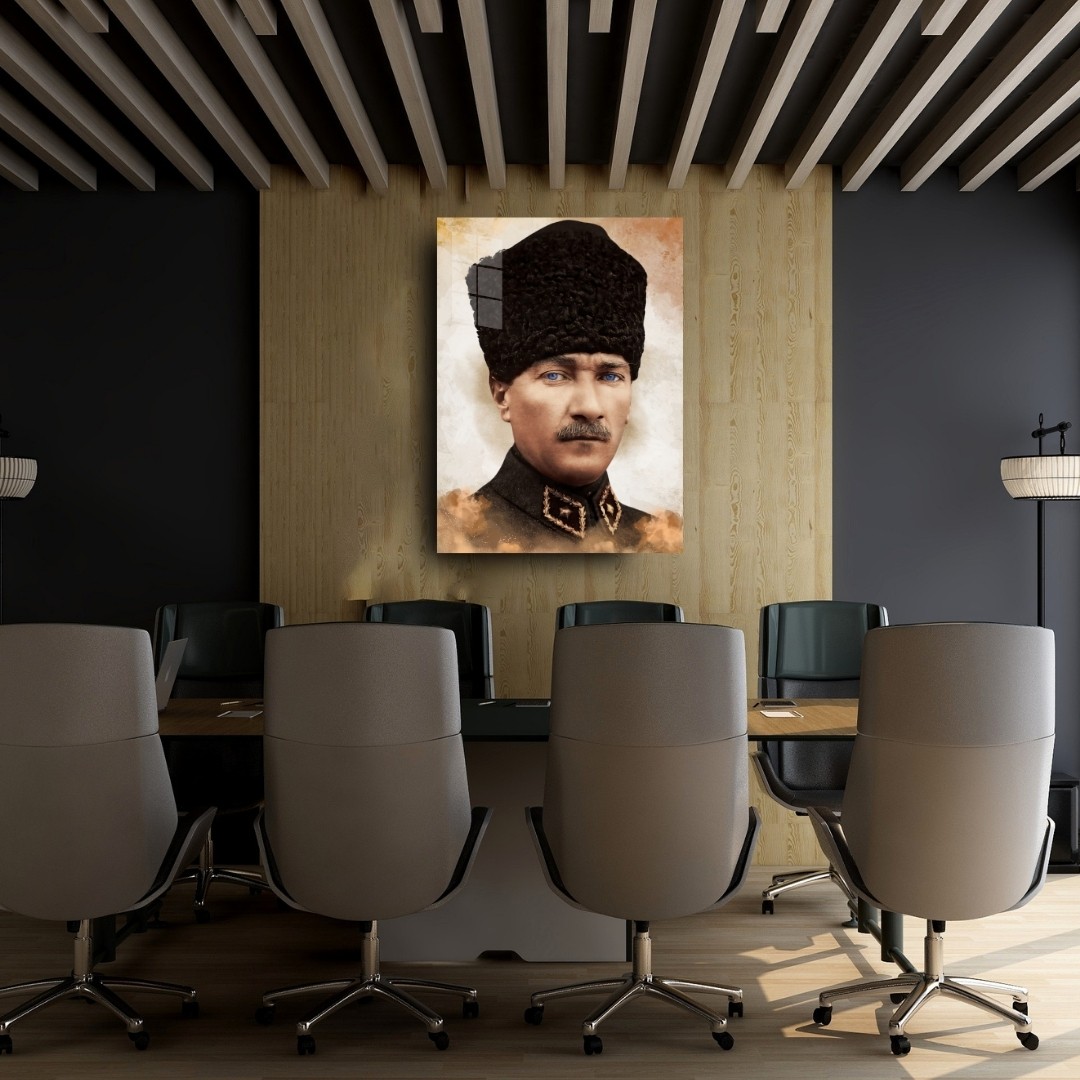 Atatürk Kalpaklı Portre Cam Tablo | Renkli Modern Atatürk Tablosu