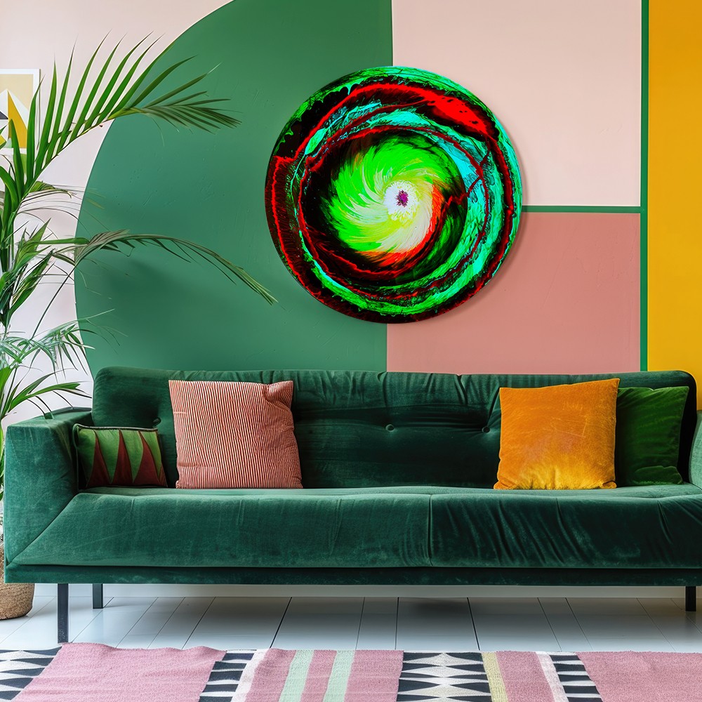 Canlı Yeşil ve Kırmızı Soyut Dairesel Cam Tablo – Modern Enerjik Sanat Paneli