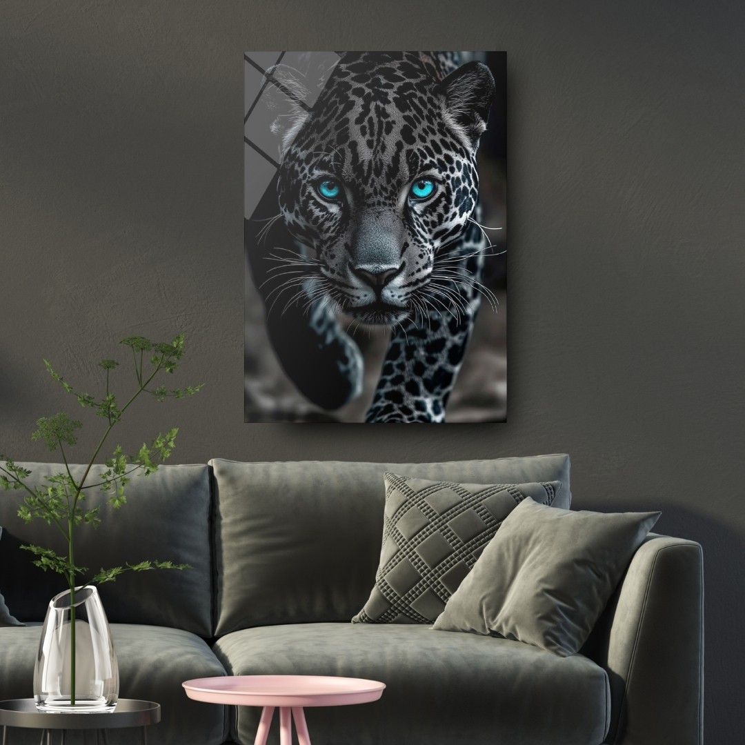 Mavi Gözlü Leopar Cam Tablo