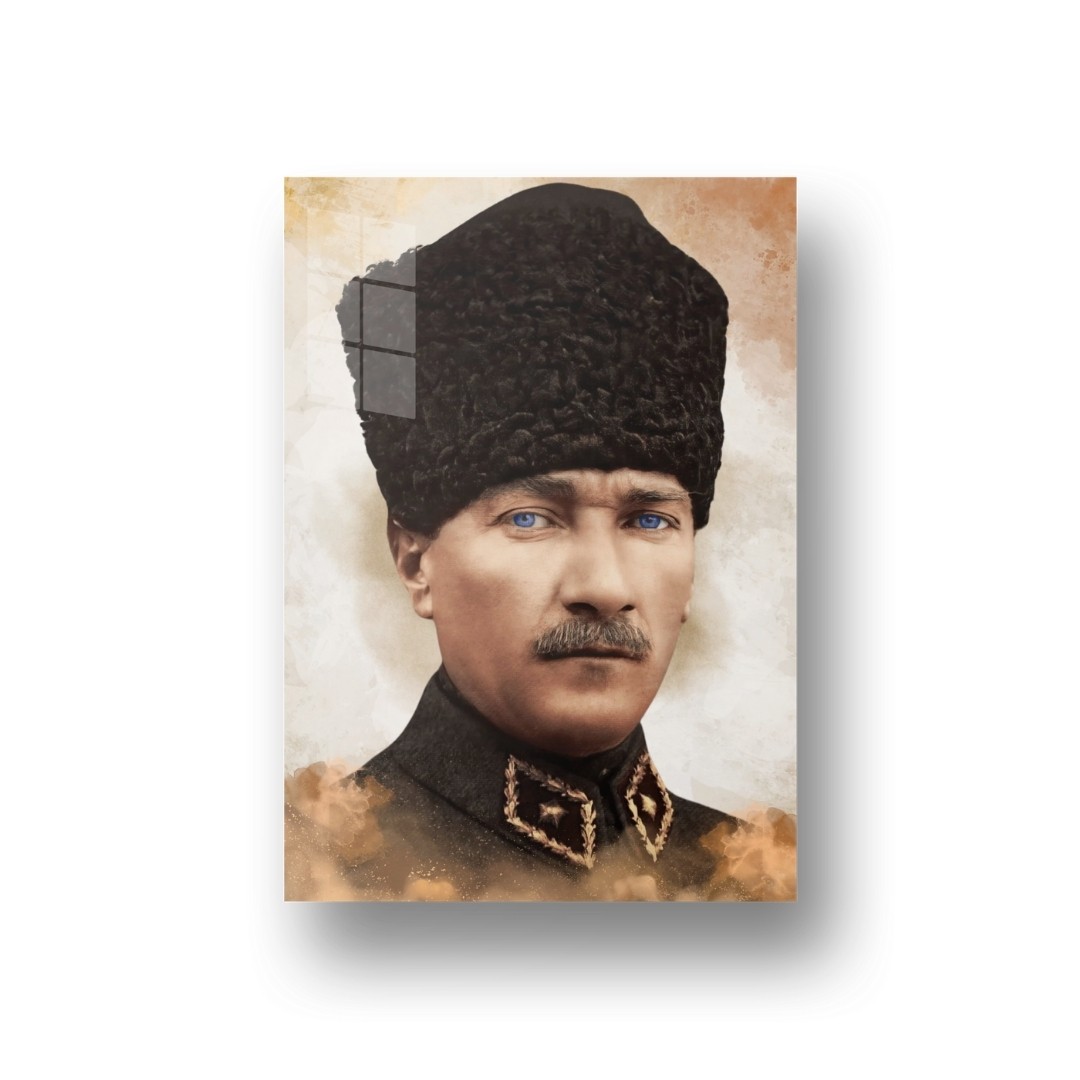 Atatürk Kalpaklı Portre Cam Tablo | Renkli Modern Atatürk Tablosu