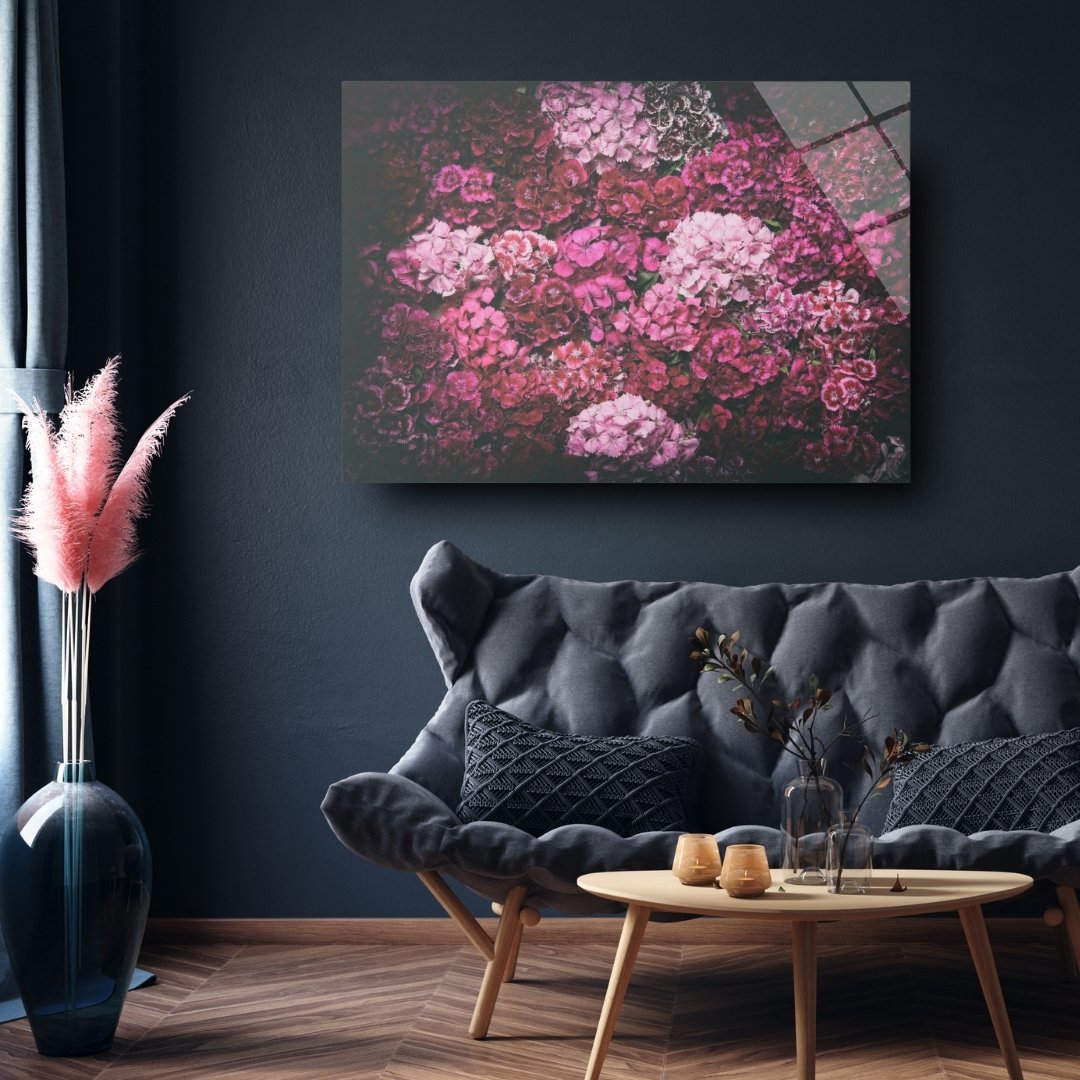 Pembe Çiçekler Temalı Modern Cam Tablo – Floral Dekor
