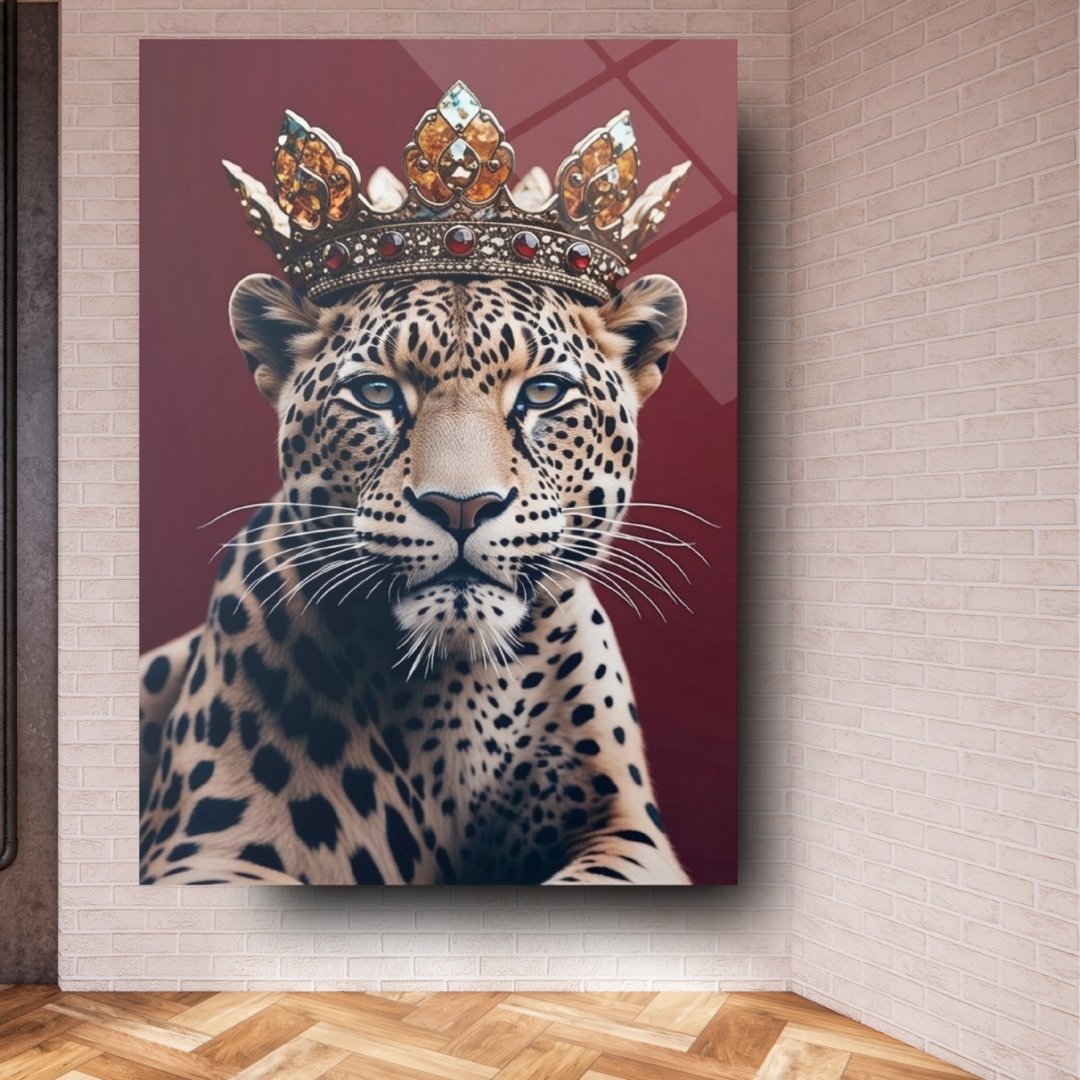 Taçlı Leopar Cam Tablo