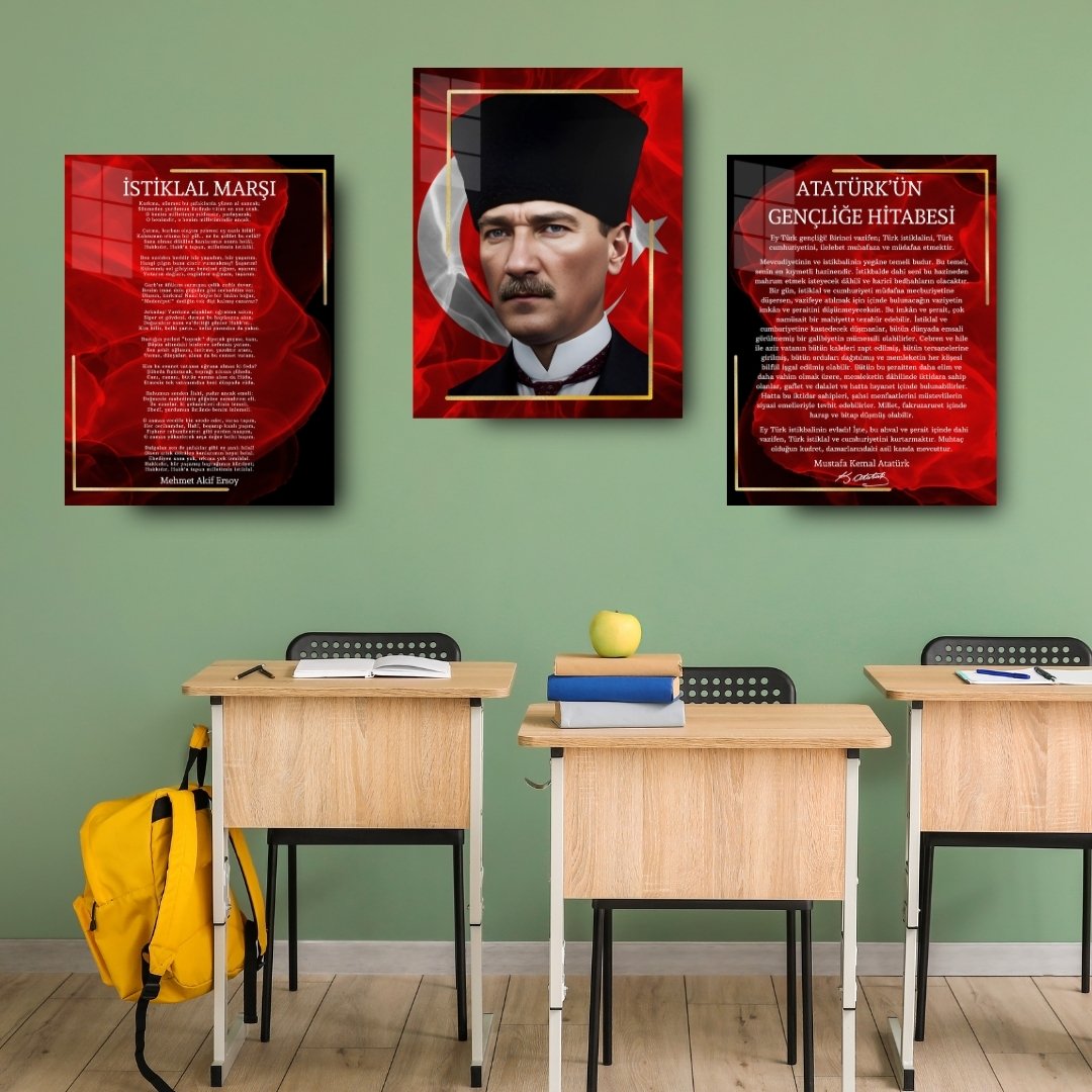 Atatürk Köşesi Üçlü Set Cam Tablo – İstiklal Marşı & Gençliğe Hitabe
