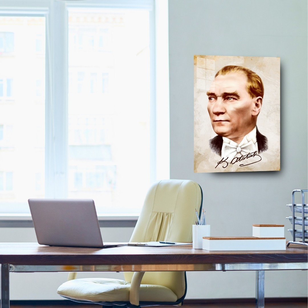 Atatürk İmzalı Renkli Portre Cam Tablo | Modern Atatürk Tablosu