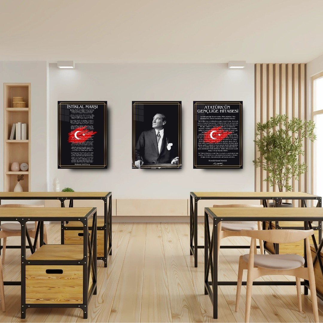 Atatürk Köşesi Siyah Üçlü Set Cam Tablo – Atatürk Portresi, İstiklal Marşı & Gençliğe Hitabe