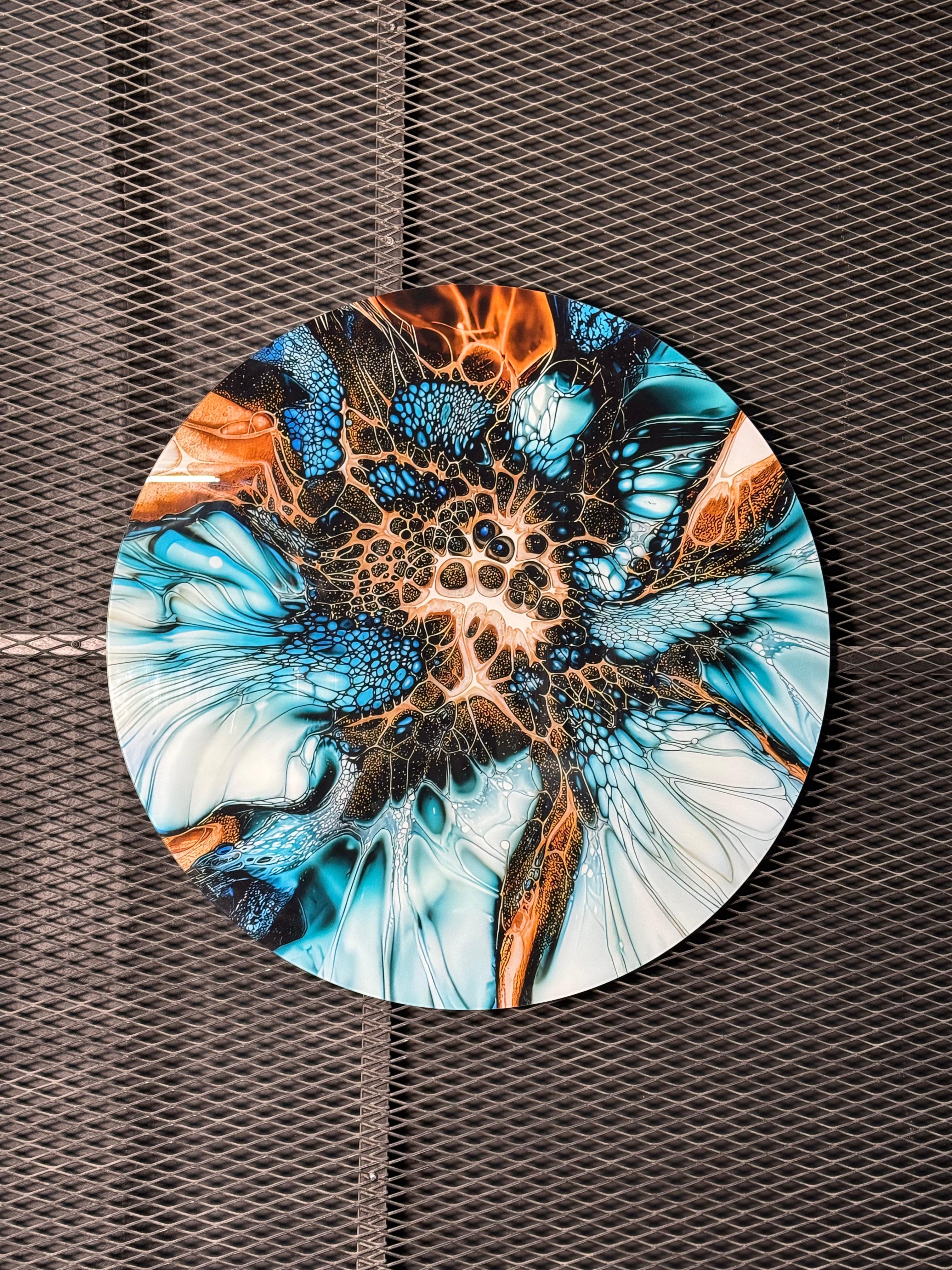 Turkuaz ve Bakır Renkli Yuvarlak Modern Soyut Cam Tablo
