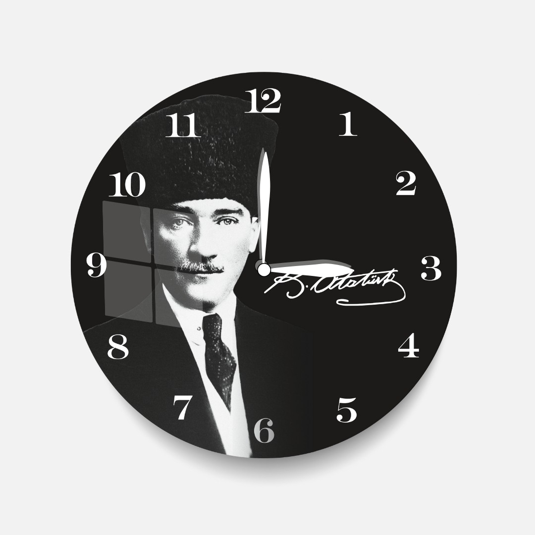Siyah Beyaz Atatürk Portre ve İmza Saat