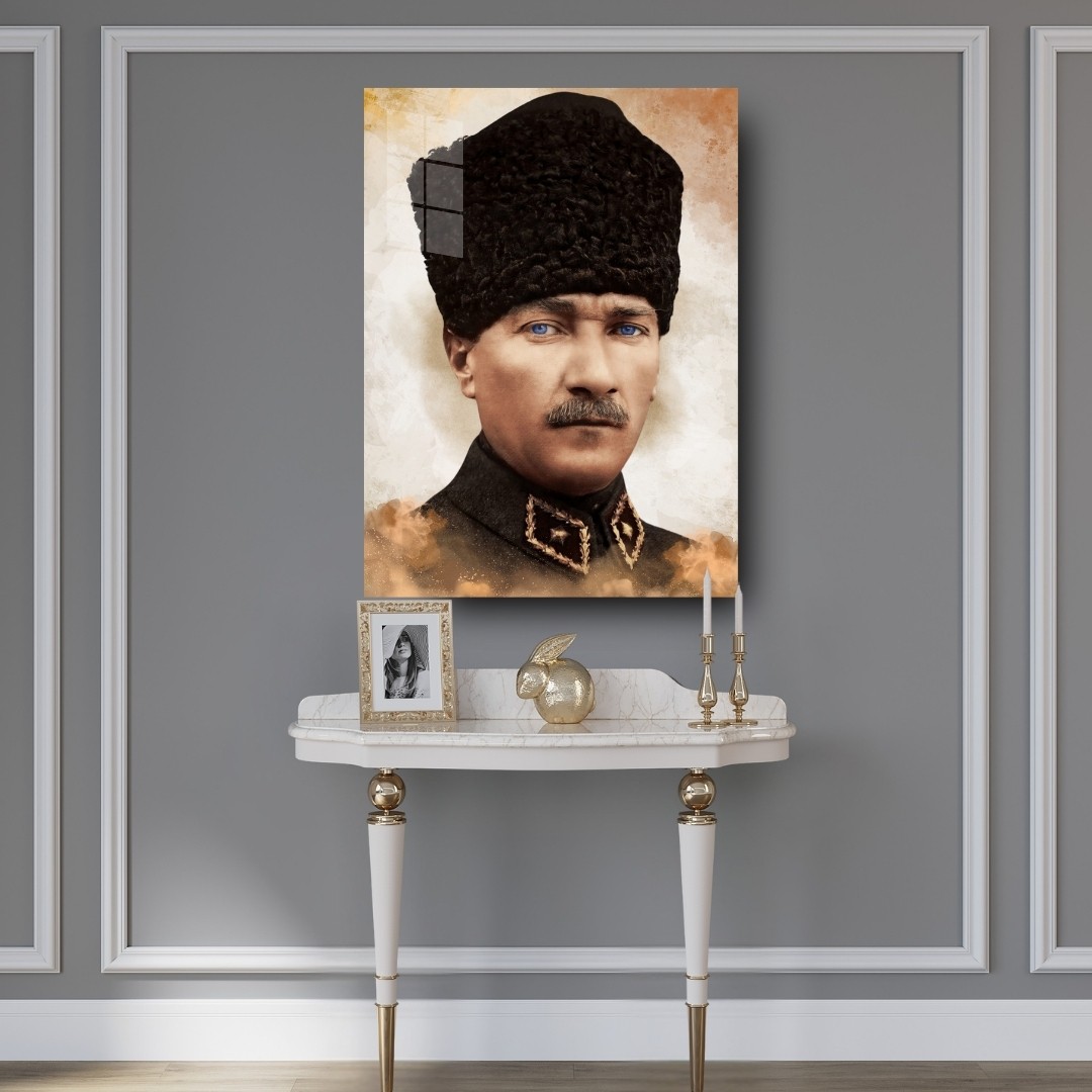 Atatürk Kalpaklı Portre Cam Tablo | Renkli Modern Atatürk Tablosu
