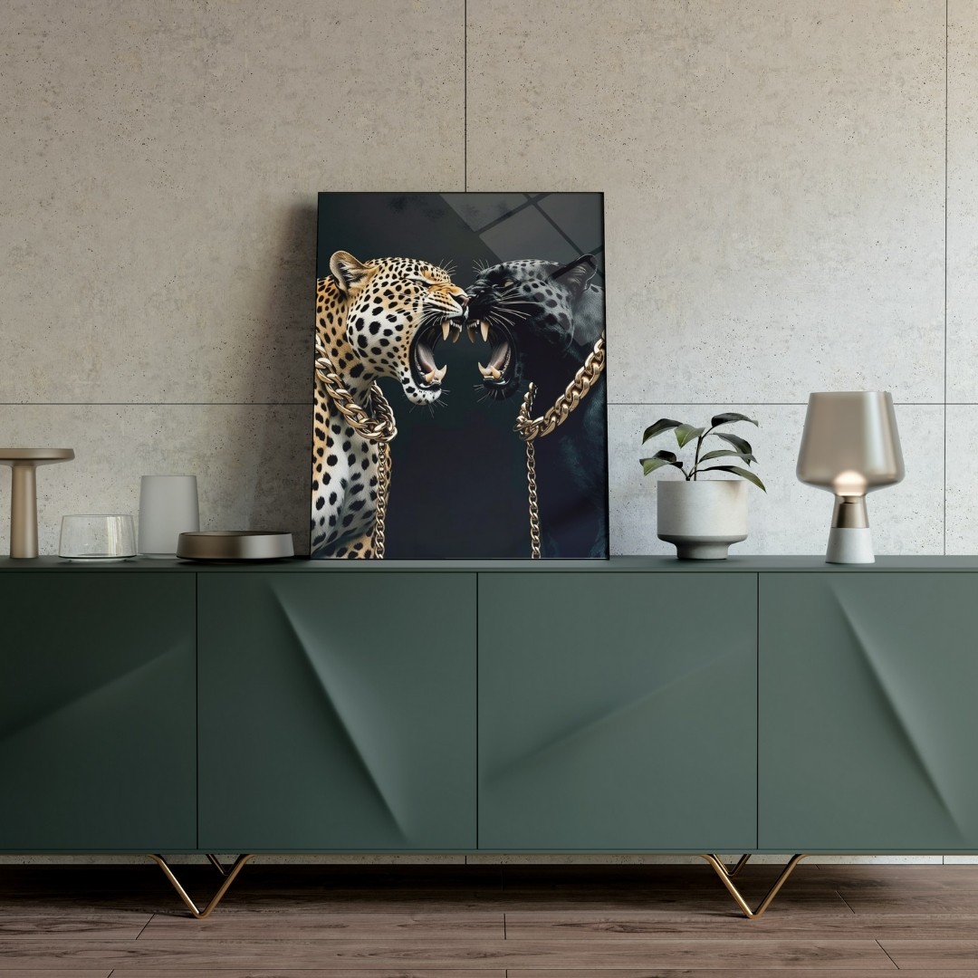 Altın Zincirli Leopar ve Siyah Panter Modern Cam Tablo