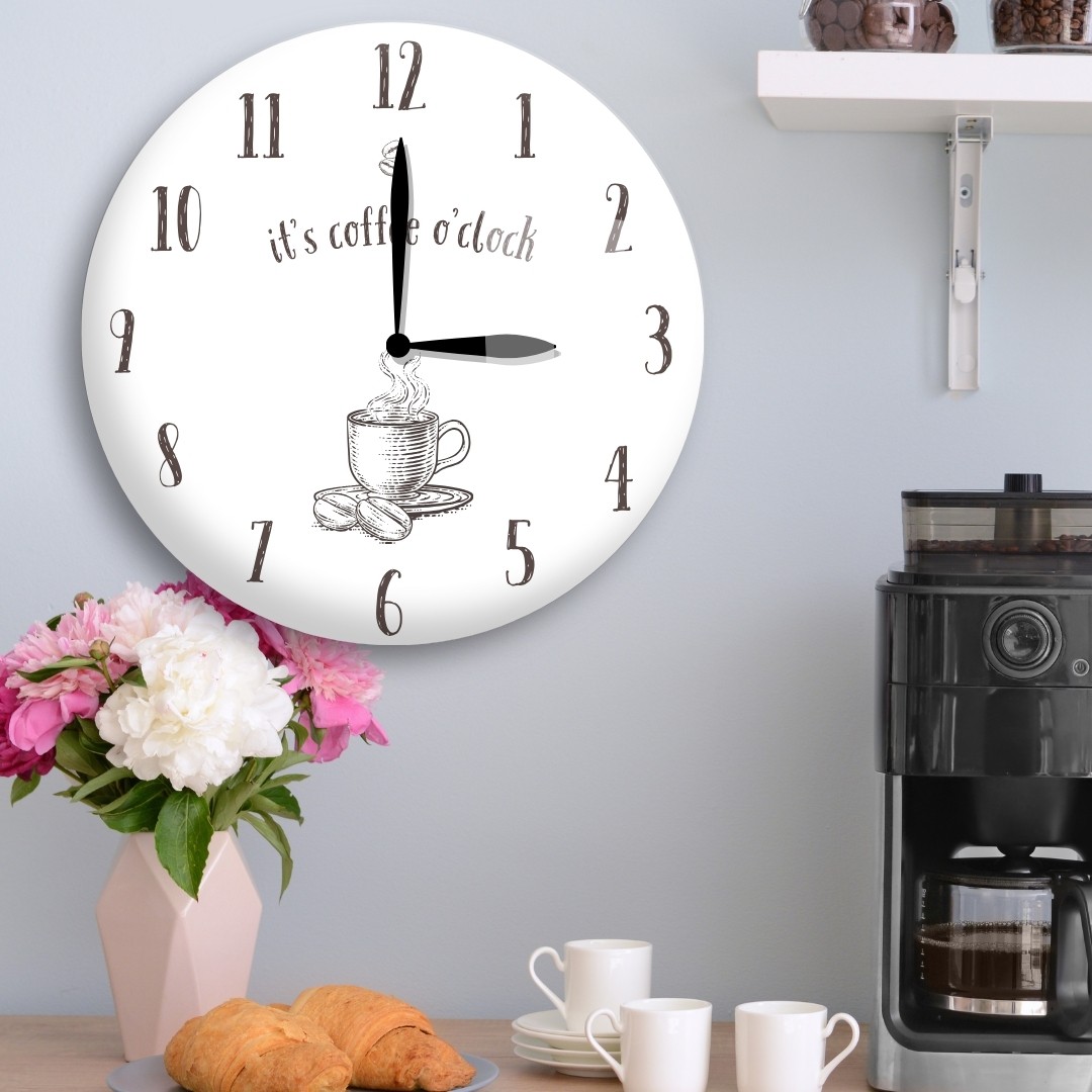 It’s Coffee O’Clock Duvar Saati - Kahve Temalı Cam Duvar Saati