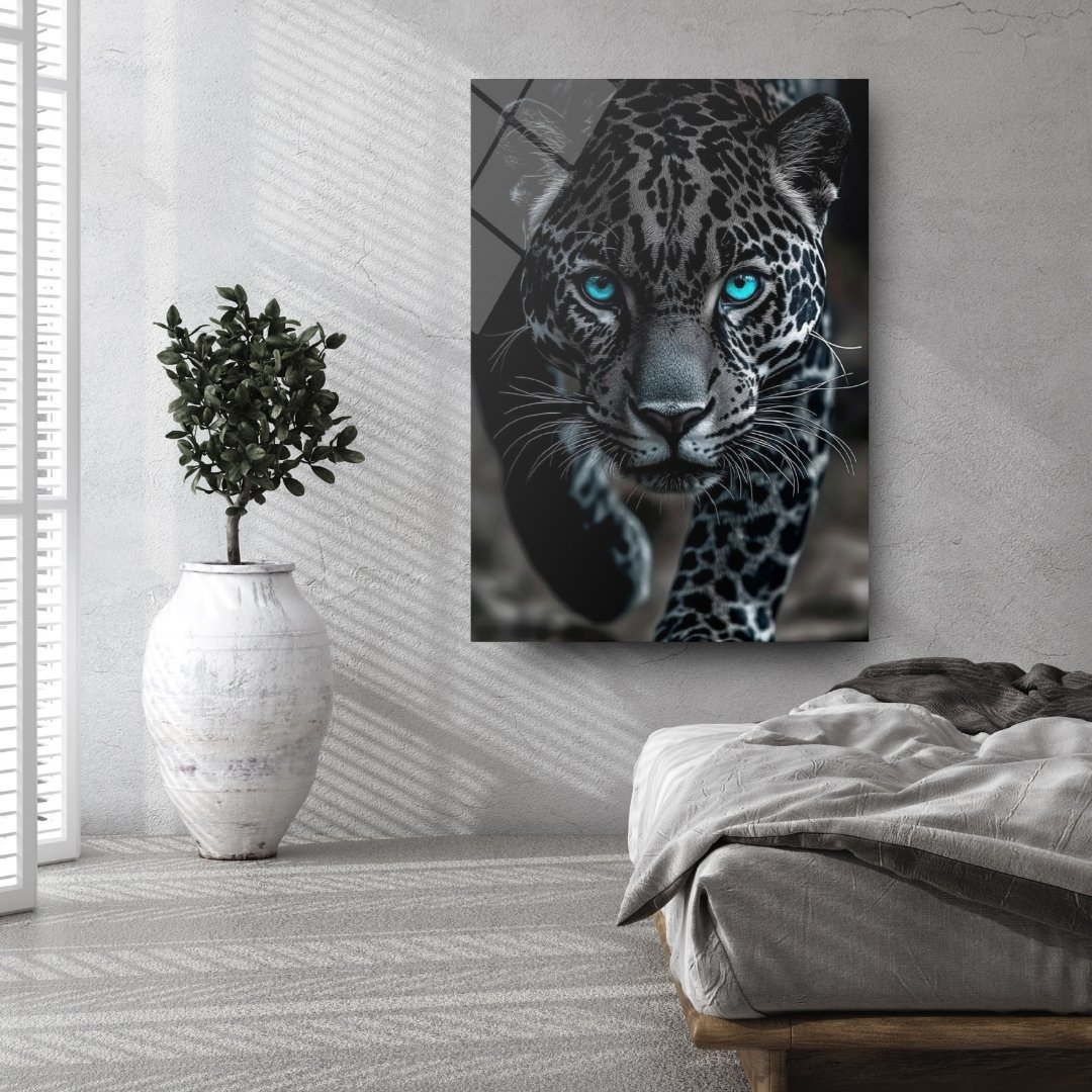 Mavi Gözlü Leopar Cam Tablo