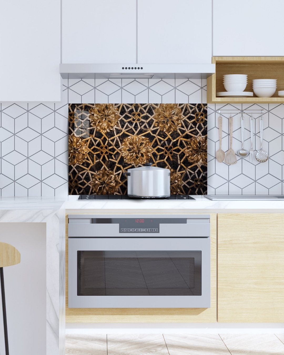 Gold Geometrik Motifli Cam Ocak Arkası Koruyucu Panel