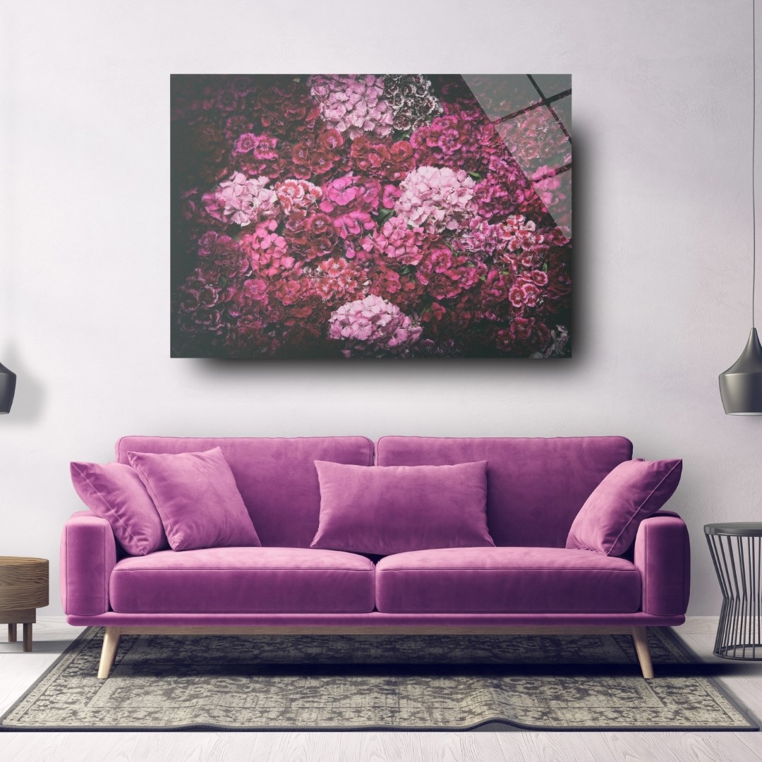 Pembe Çiçekler Temalı Modern Cam Tablo – Floral Dekor