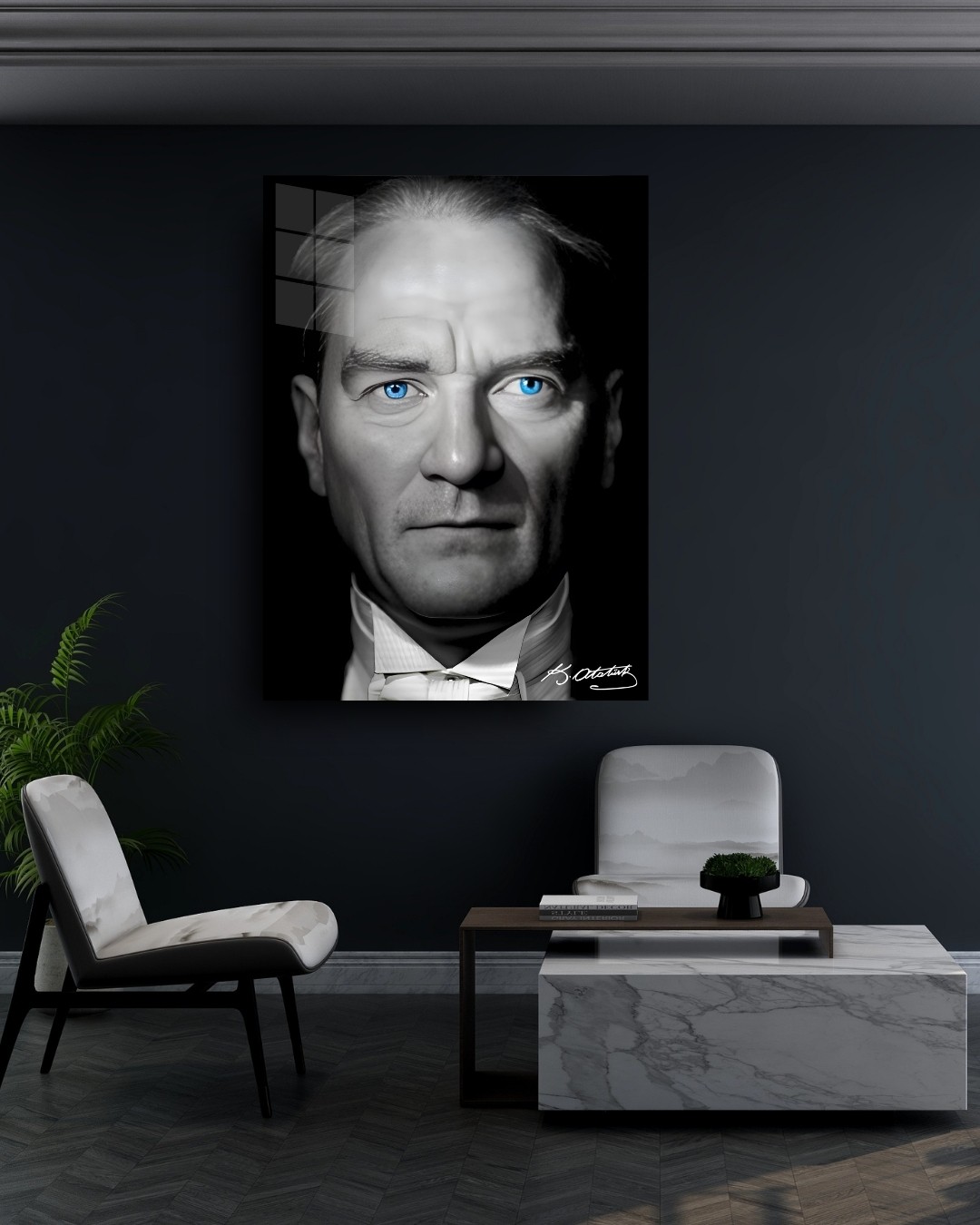 Atatürk Mavi Gözlü Siyah Cam Tablo