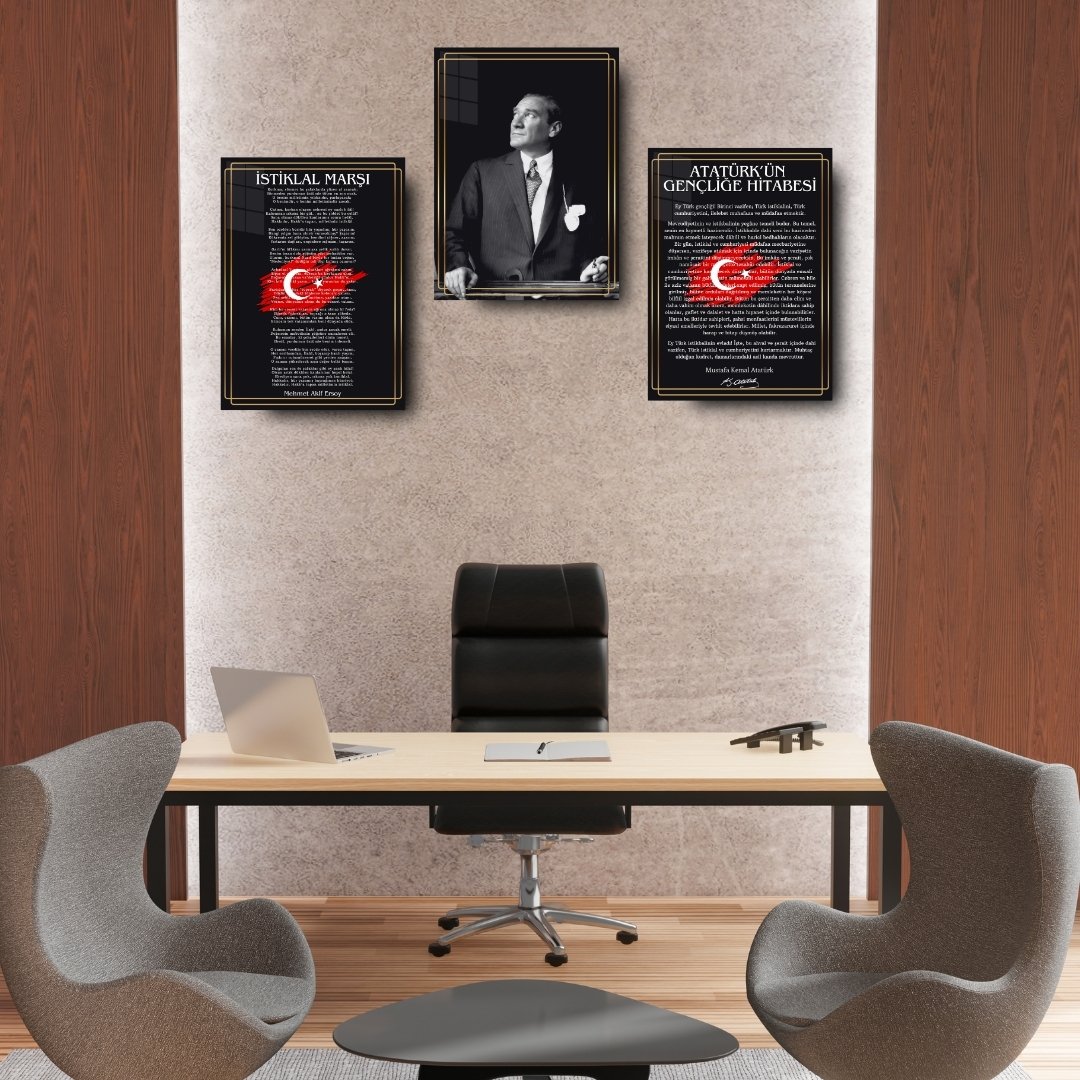 Atatürk Köşesi Siyah Üçlü Set Cam Tablo – Atatürk Portresi, İstiklal Marşı & Gençliğe Hitabe
