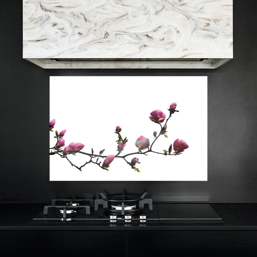Minimalist Pembe Çiçek Dalı Cam Ocak Arkası Koruyucu