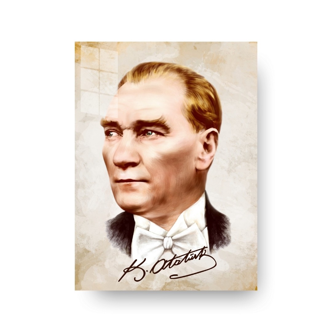 Atatürk İmzalı Renkli Portre Cam Tablo | Modern Atatürk Tablosu