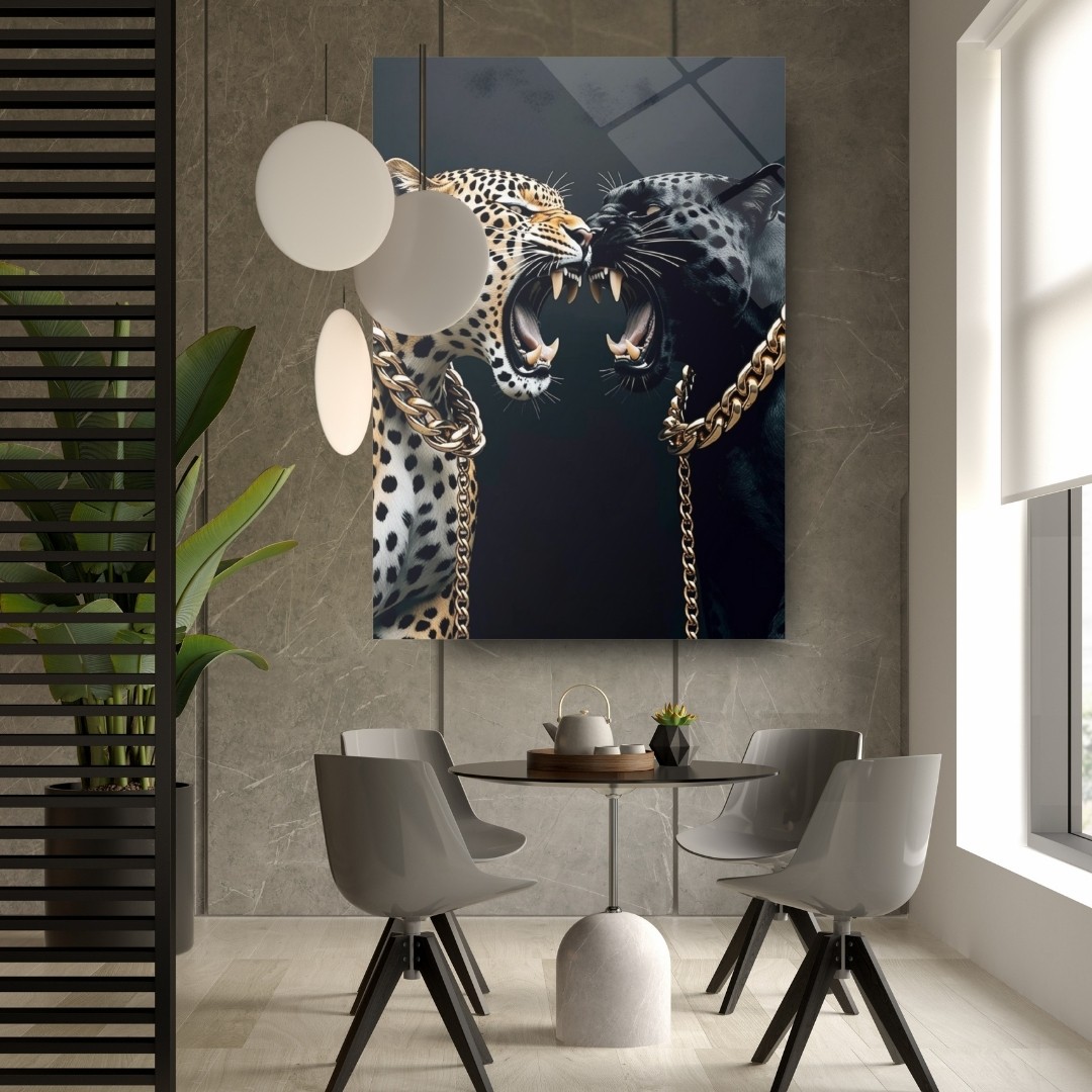 Altın Zincirli Leopar ve Siyah Panter Modern Cam Tablo