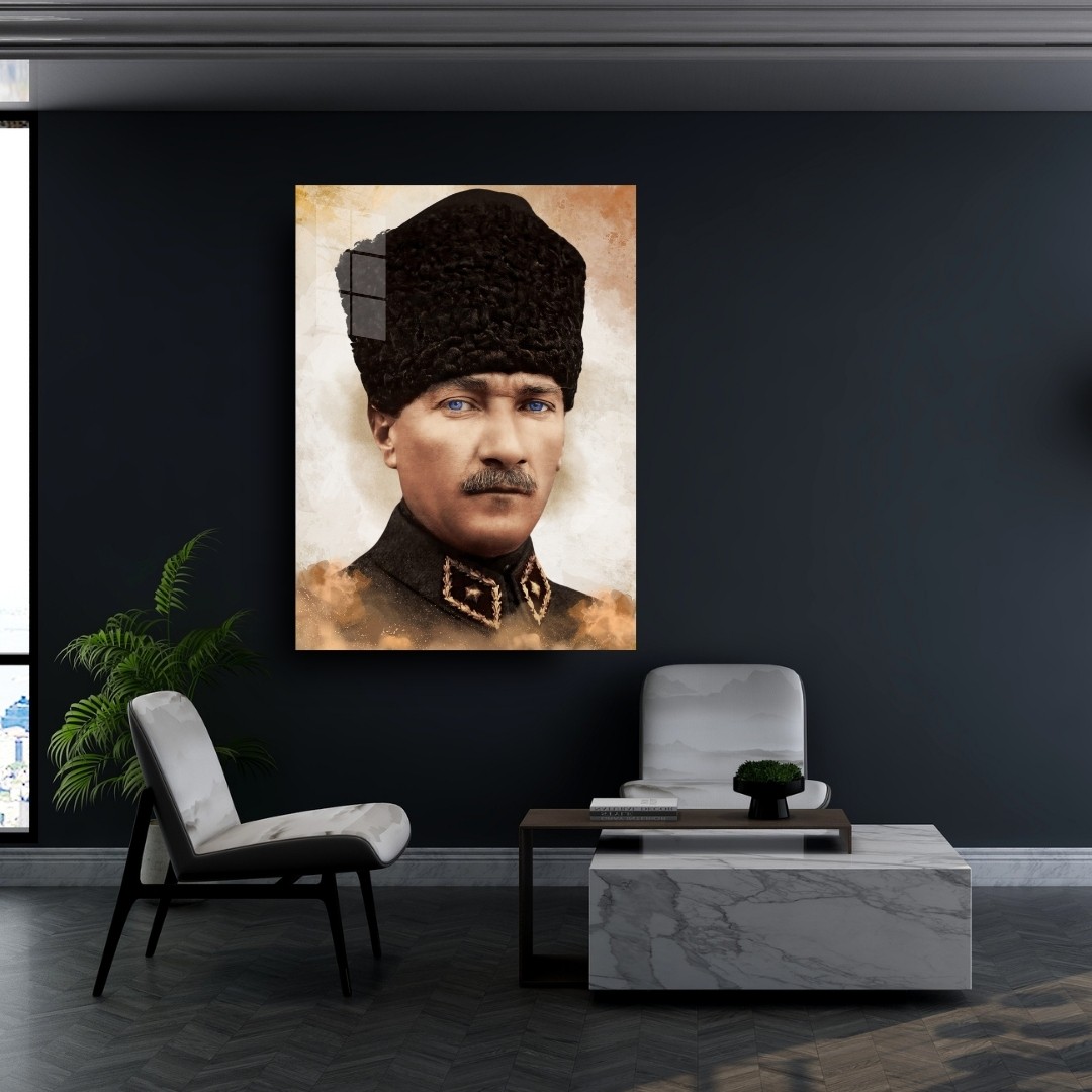 Atatürk Kalpaklı Portre Cam Tablo | Renkli Modern Atatürk Tablosu