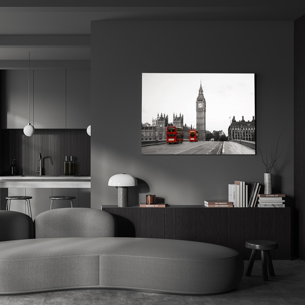 Londra Big Ben ve Kırmızı Otobüsler Cam Tablo