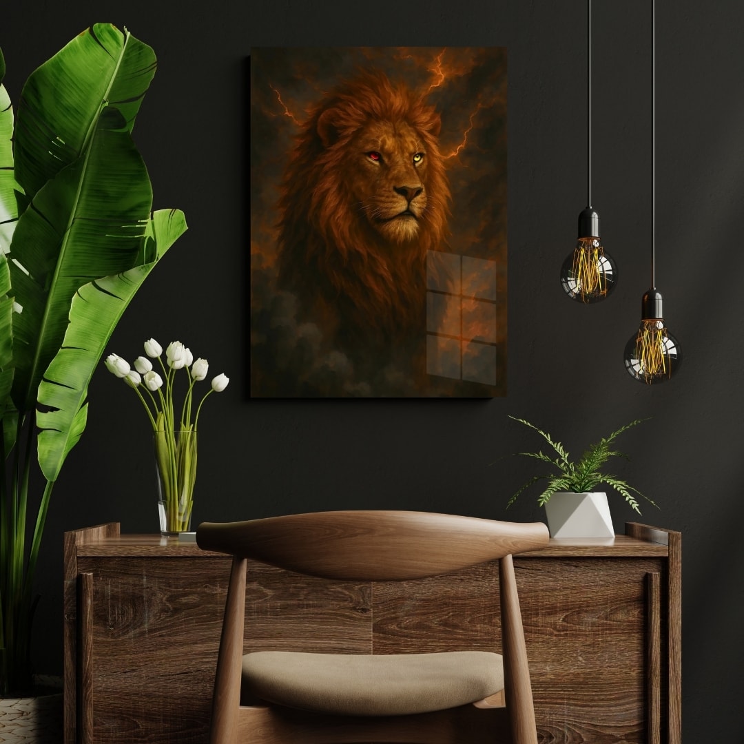 Sarı Kırmızı Gözlü Aslan Cam Tablo