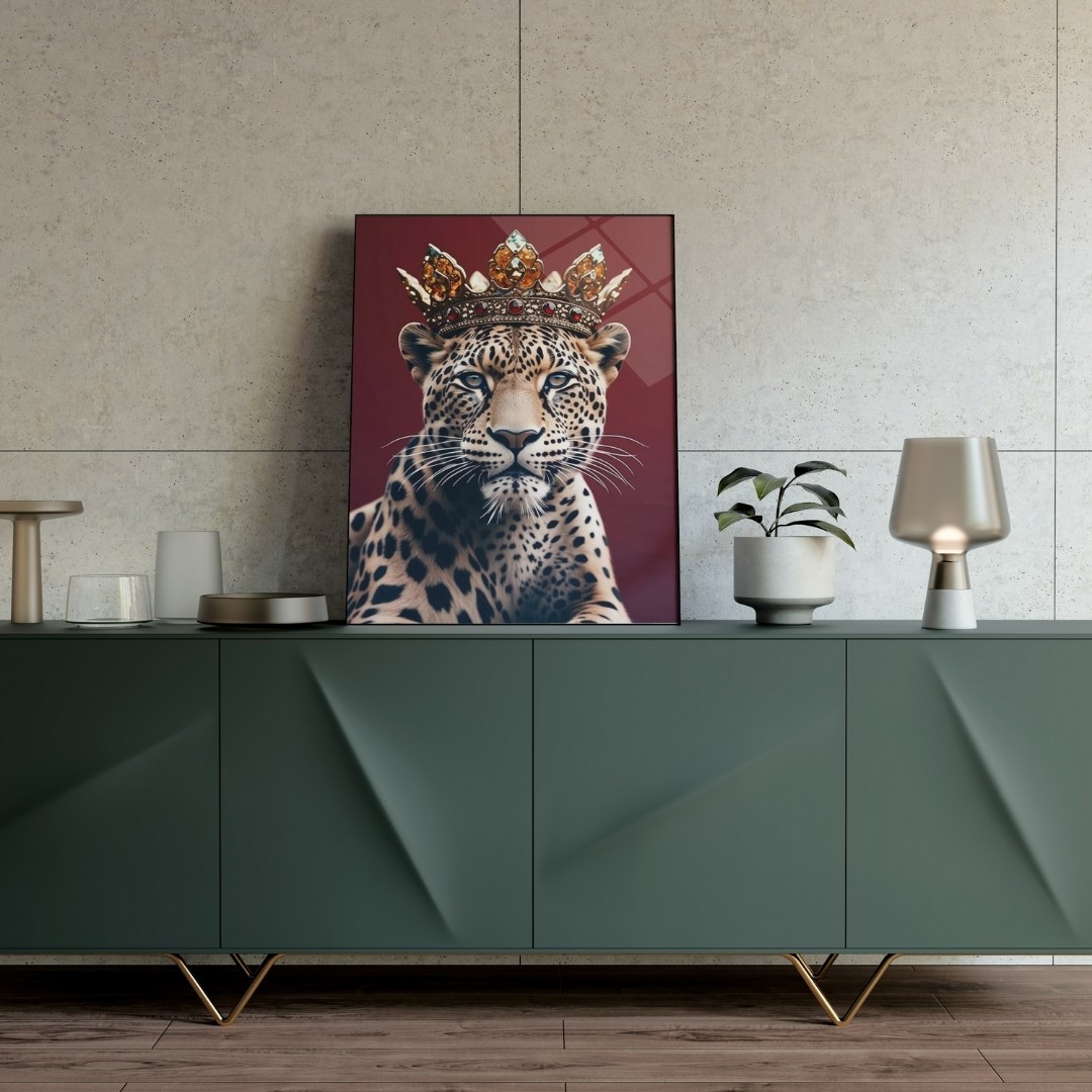 Taçlı Leopar Cam Tablo